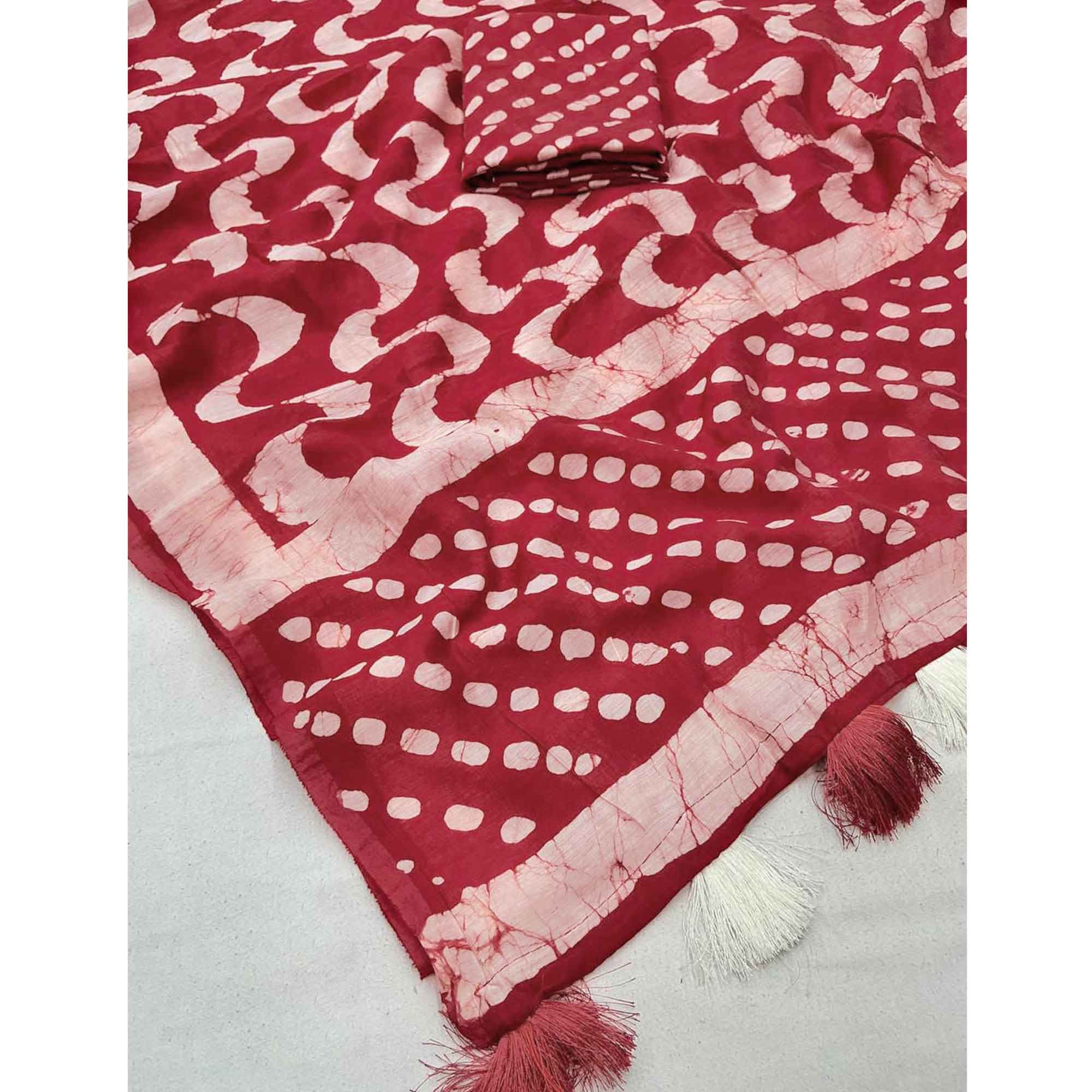 Brick Red Linen Saree With Vibrant Zig Zag Digital Print & Trendy Tassel Pallu
