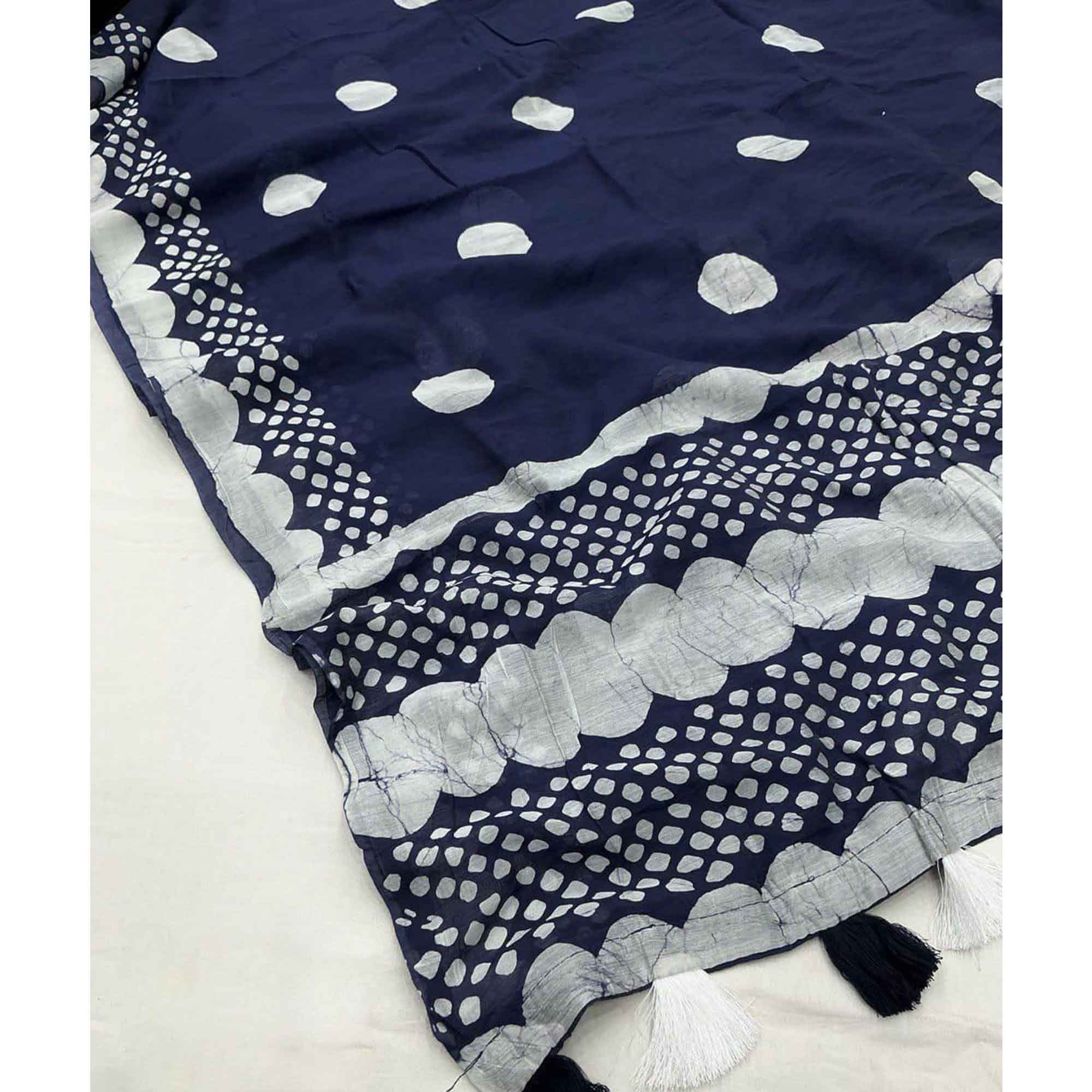 Indigo Blue Linen Saree With Vibrant Polka Digital Print & Trendy Tassel Pallu