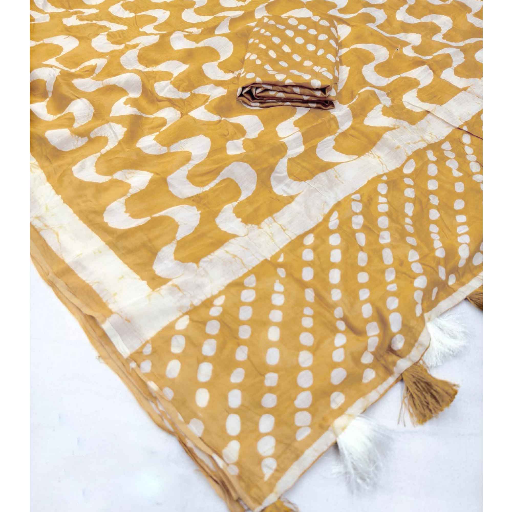 Mustard Linen Saree With Vibrant Zig Zag Digital Print & Trendy Tassel Pallu