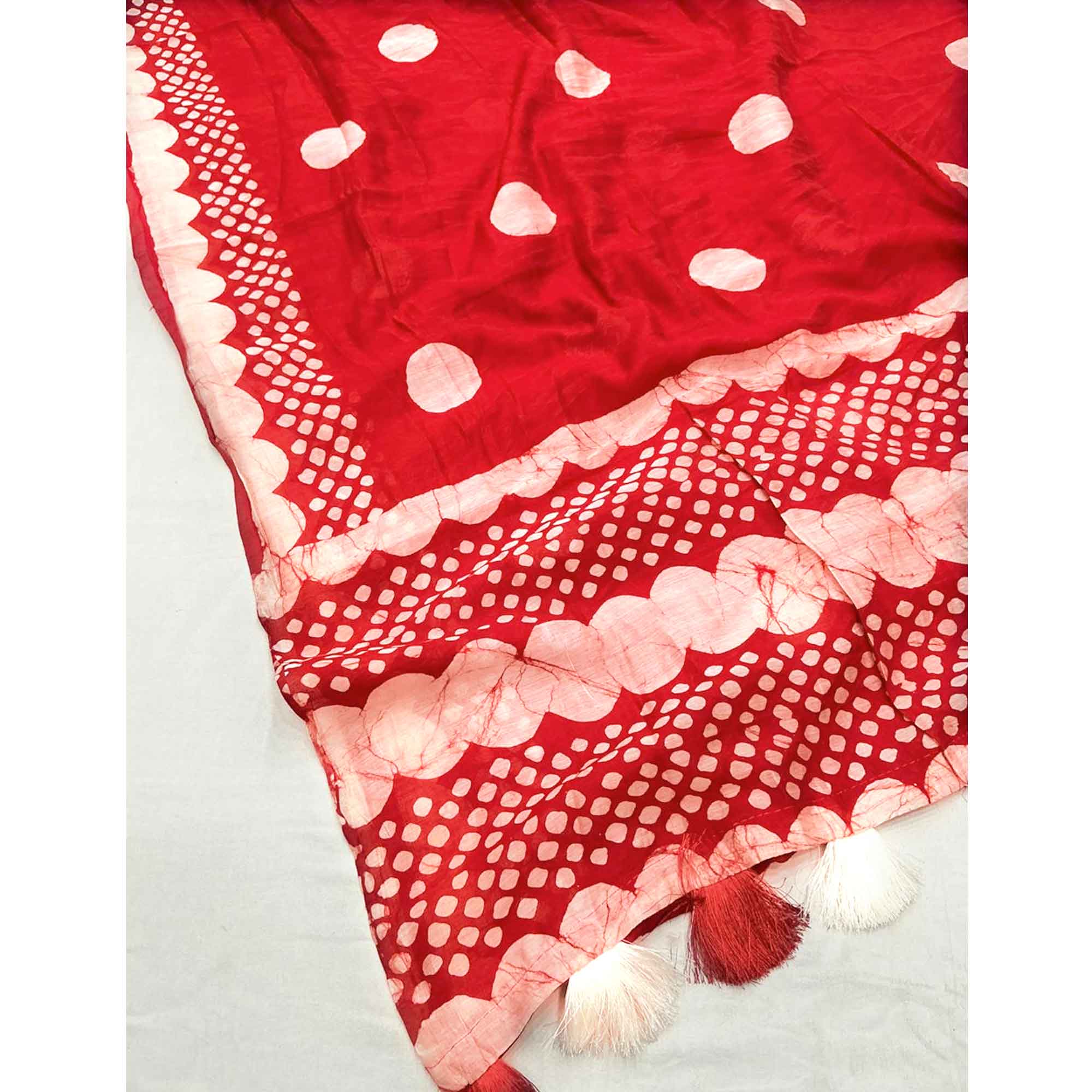 Red Linen Saree With Vibrant Polka Digital Print & Trendy Tassel Pallu
