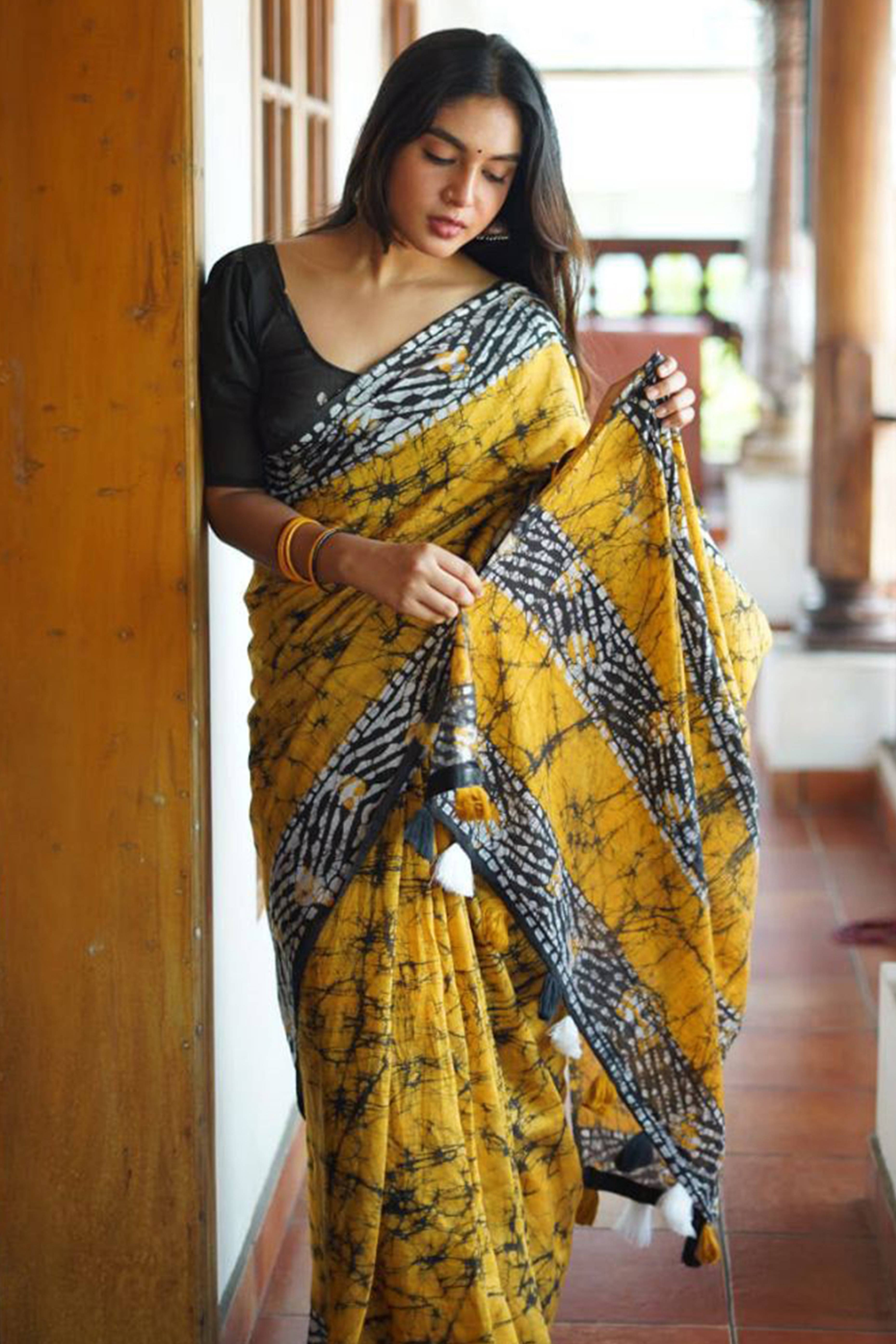 Mustard Digital Printed Linen Cotton Saree