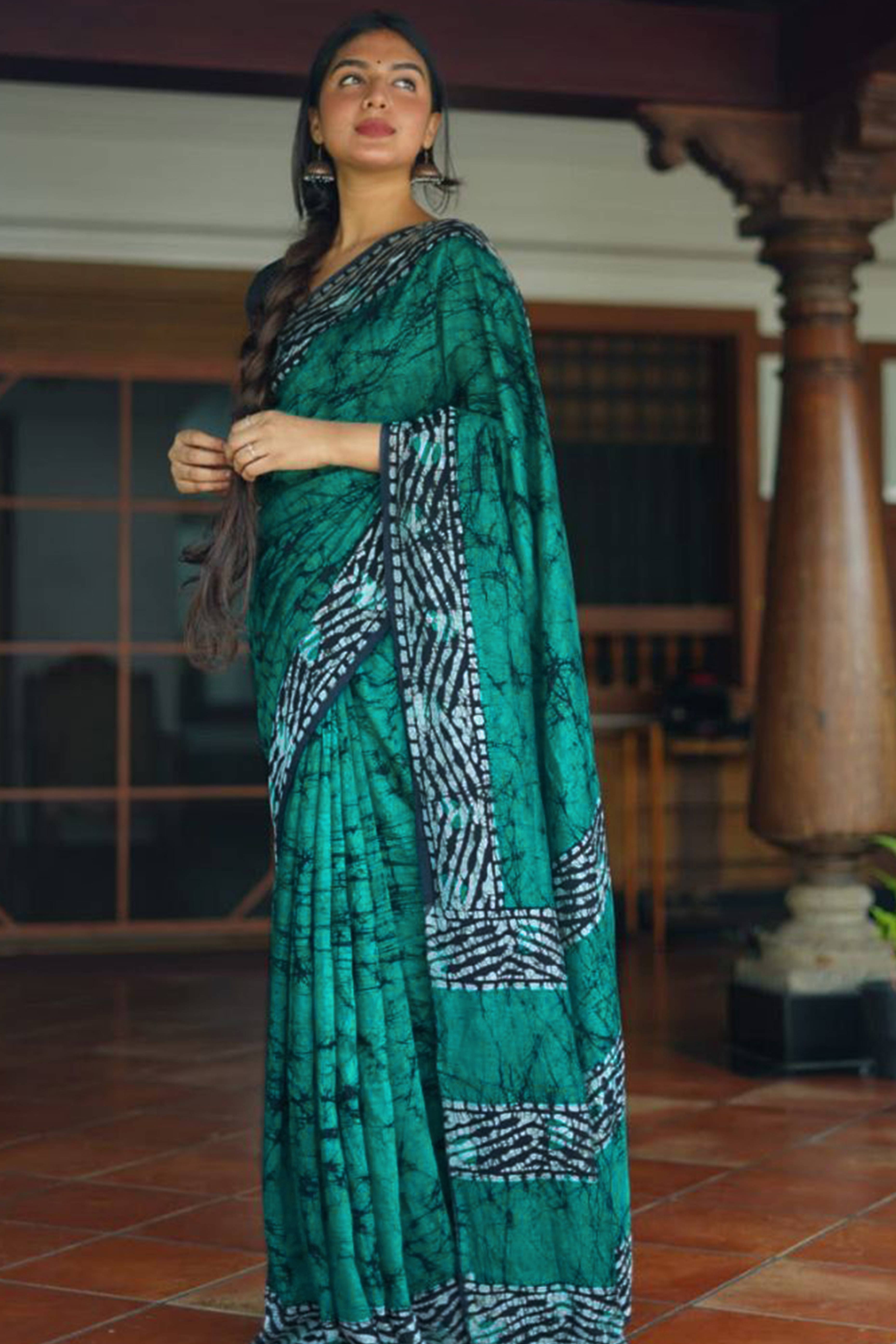 Turquoise Digital Printed Linen Cotton Saree