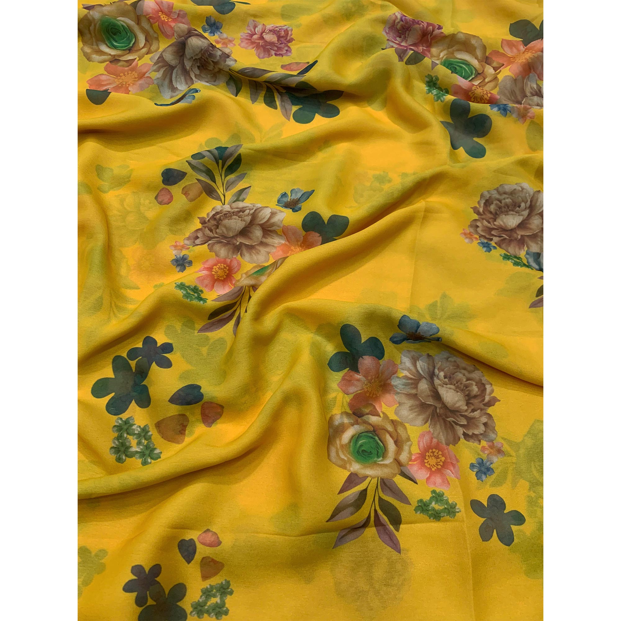 Yellow Floral Printed Moss Chiffon Saree With Zari Border