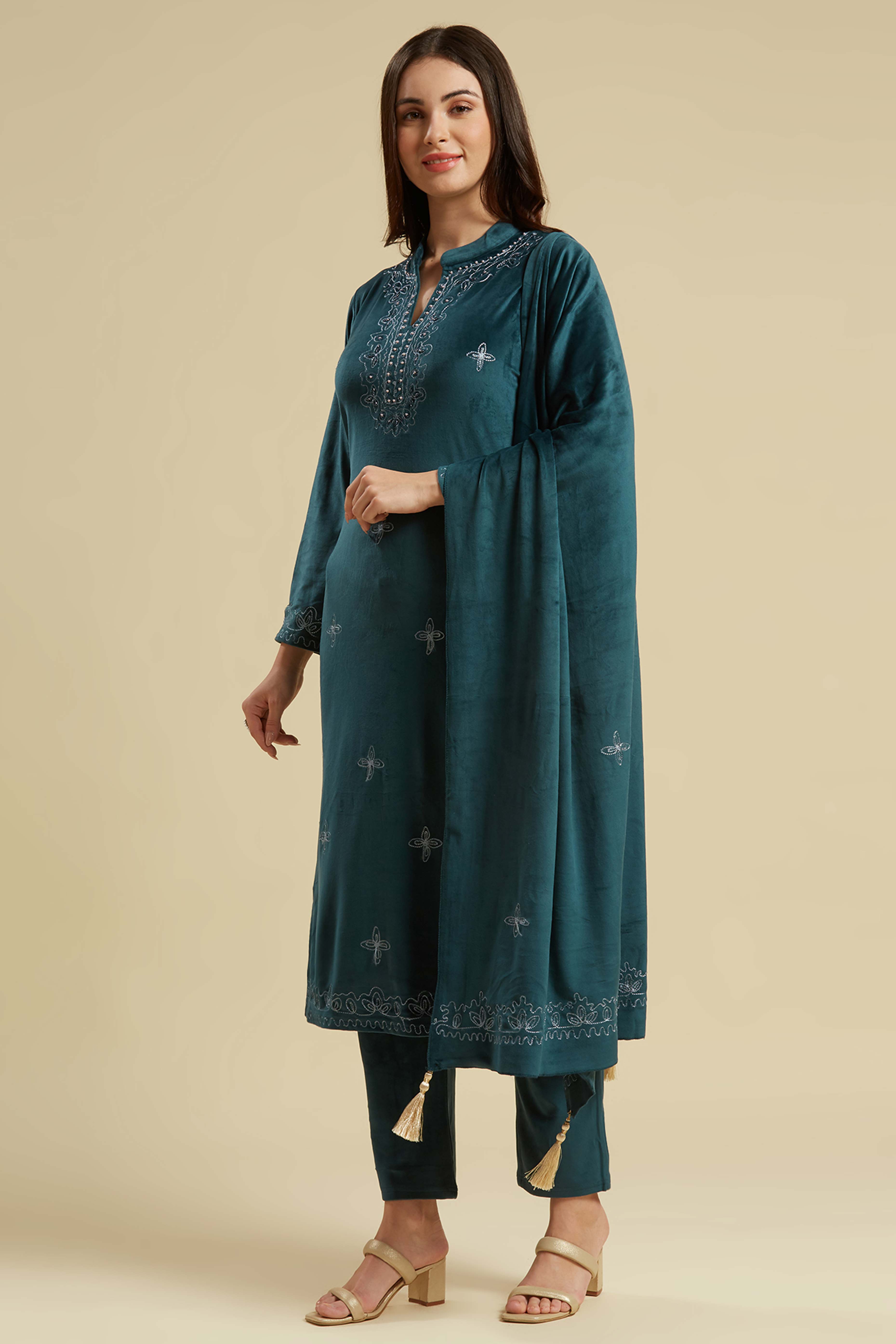 Rama Blue Embroidered Velvet Straight Salwar Suit