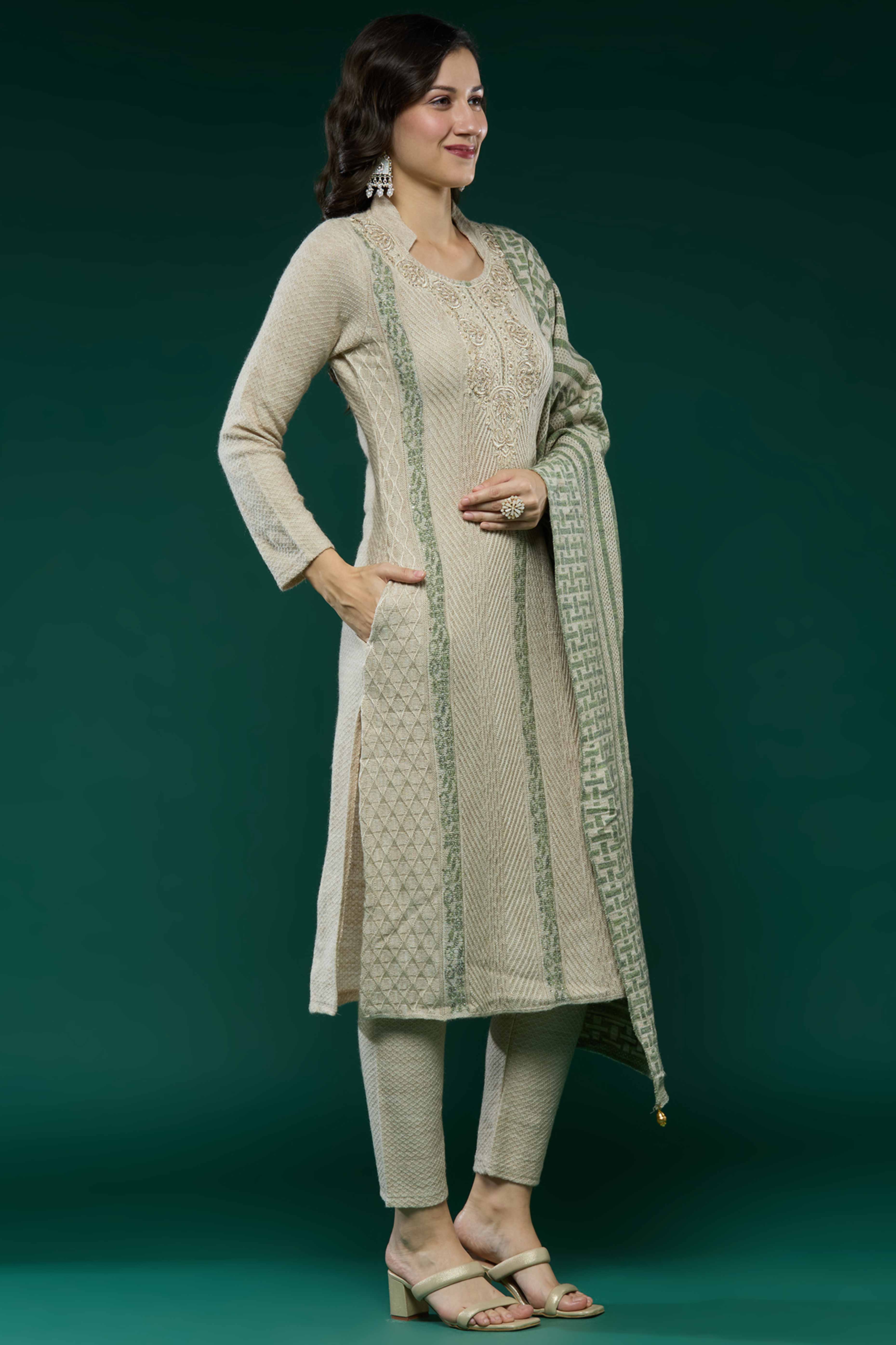 Beige Woven Woolen Straight Salwar Suit