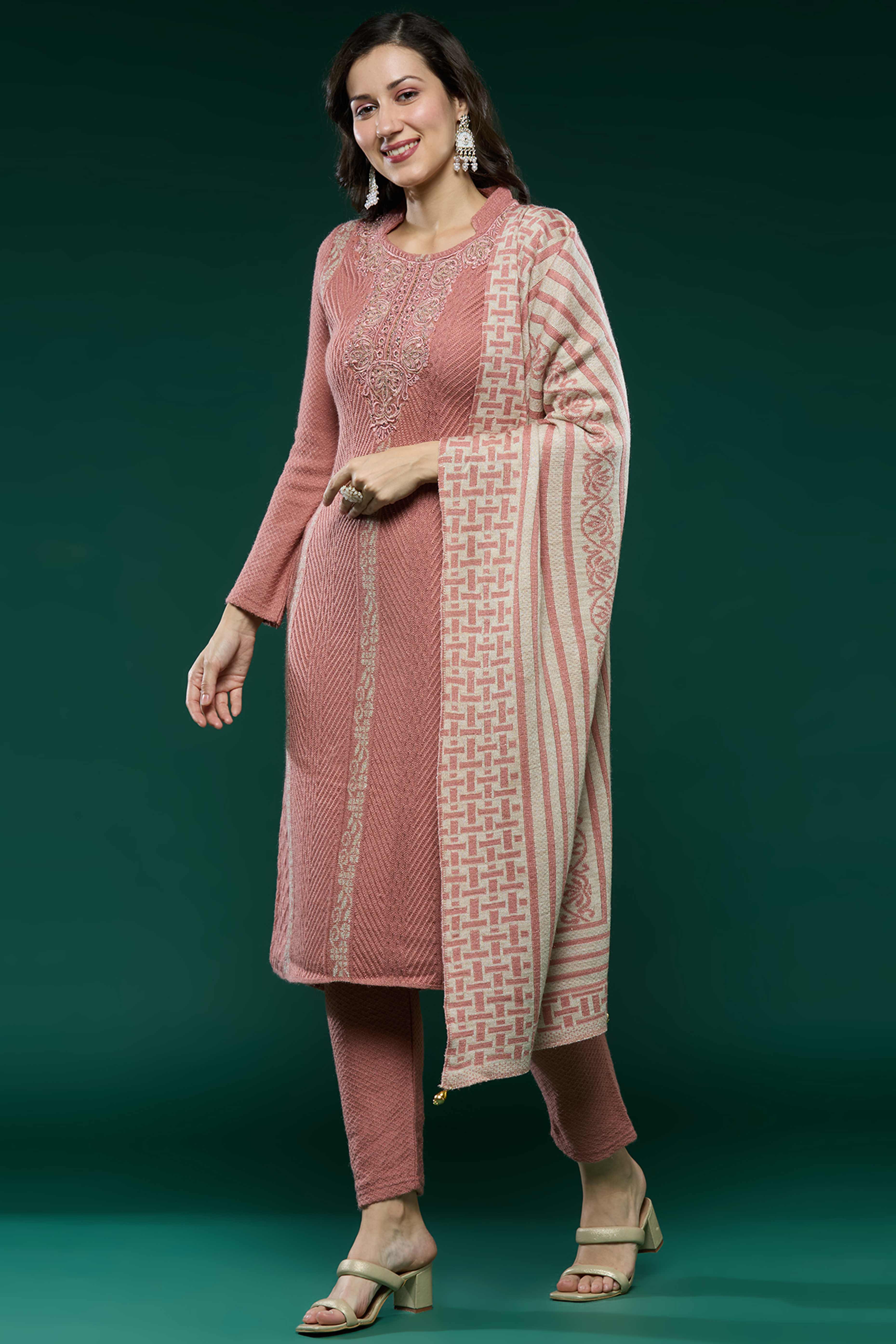 Peach Woven Woolen Straight Salwar Suit