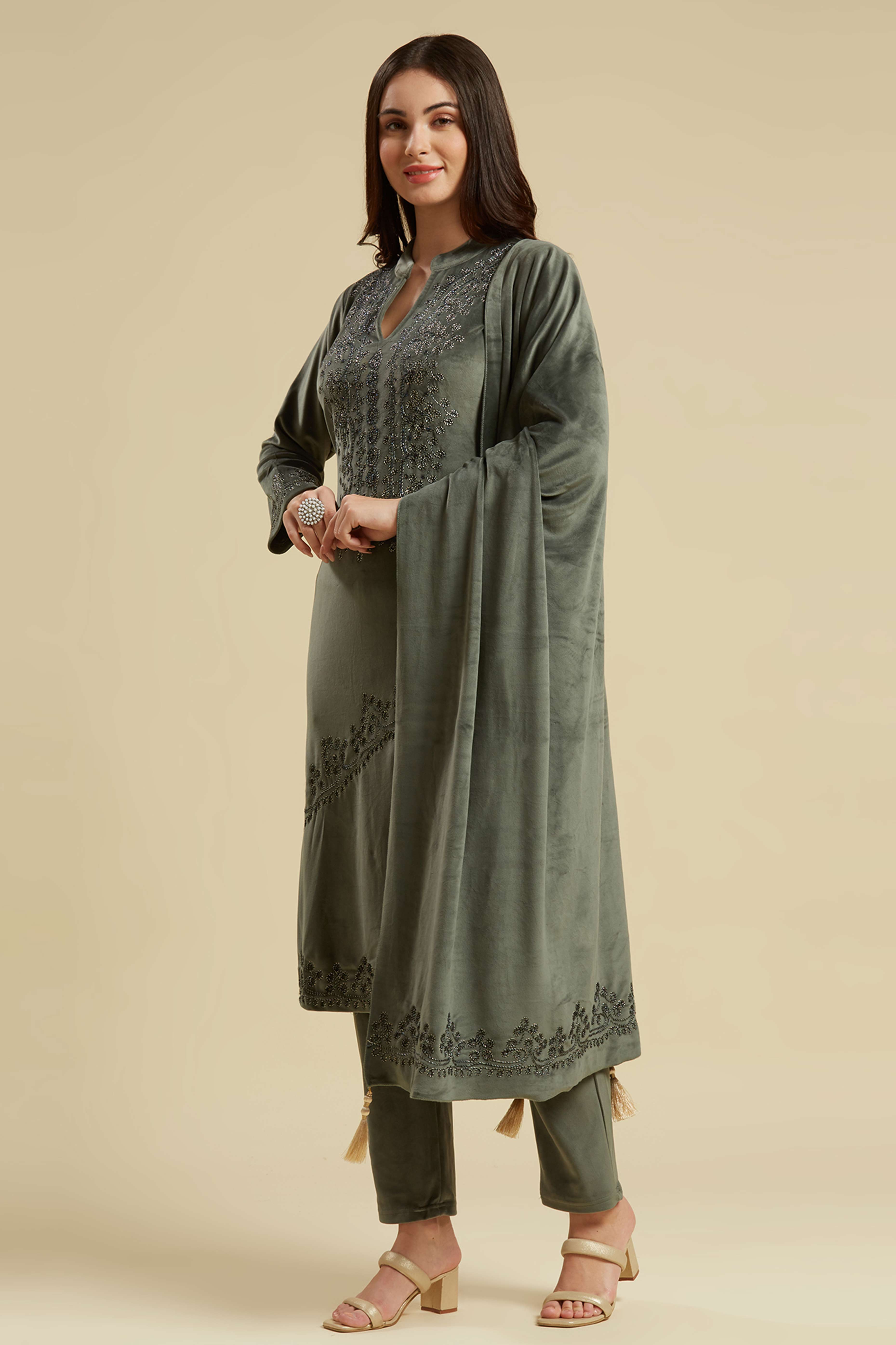 Grey Embroidered Velvet Straight Salwar Suit