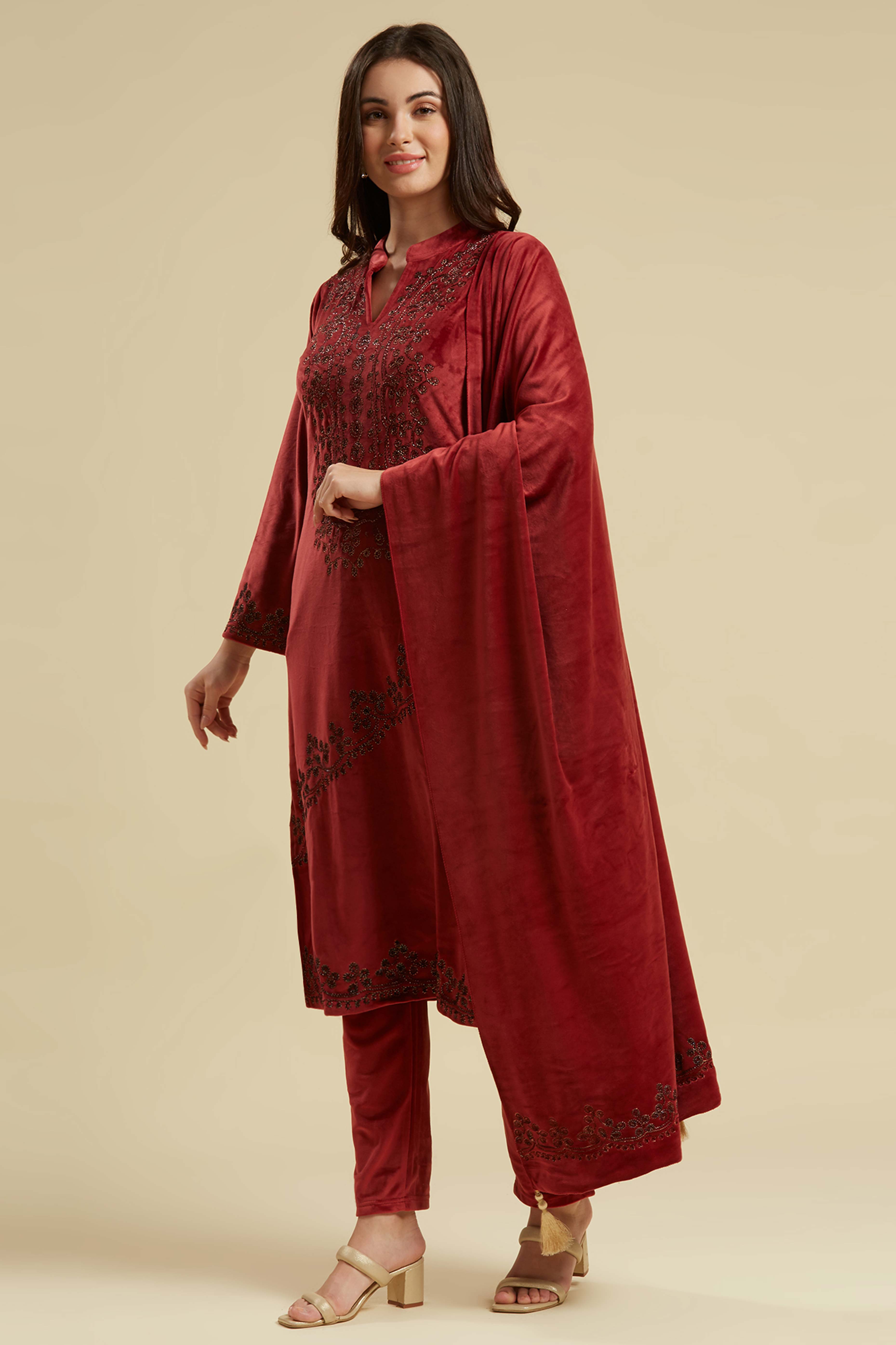 Wine Embroidered Velvet Straight Salwar Suit