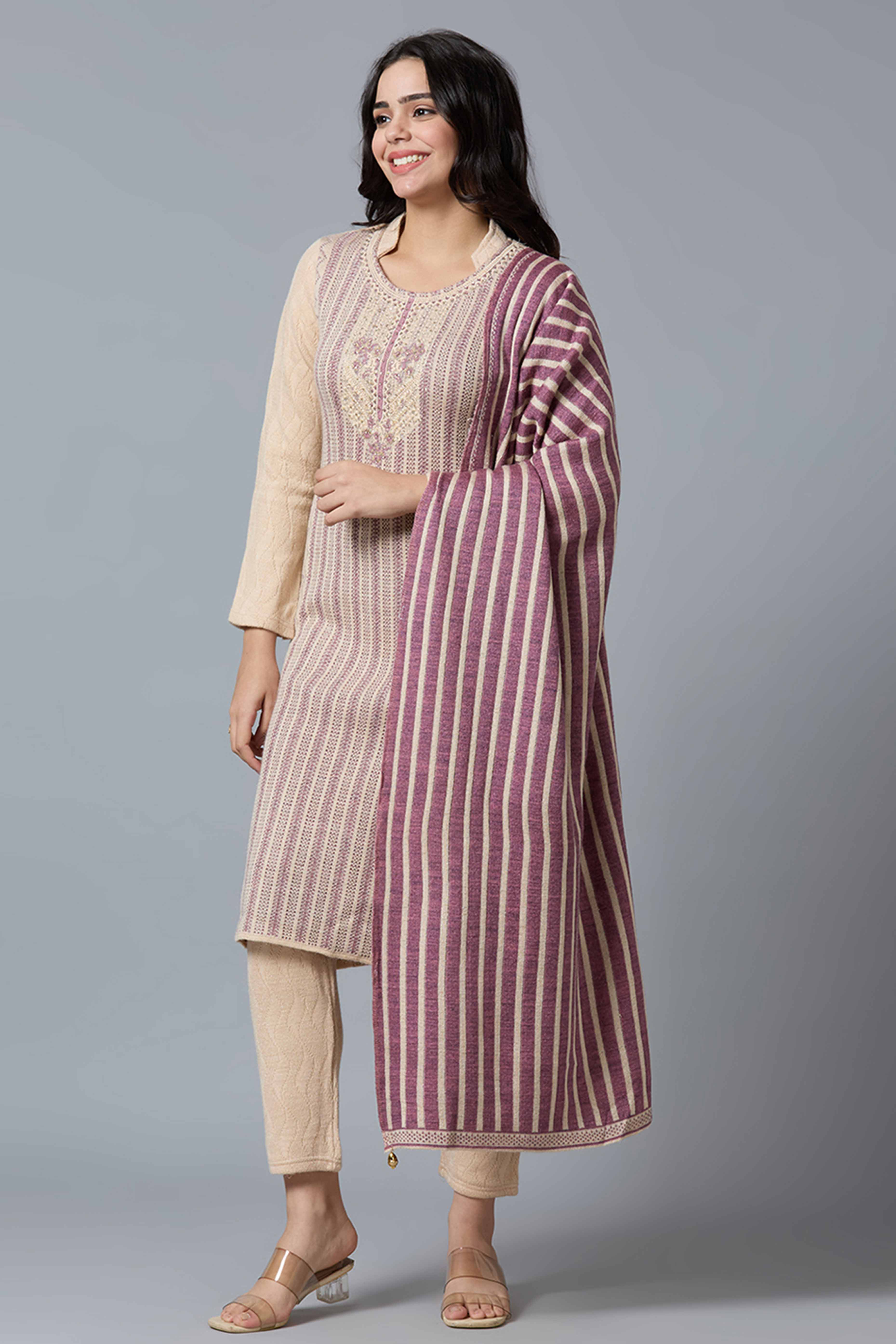 Beige Woven Woolen Straight Salwar Suit