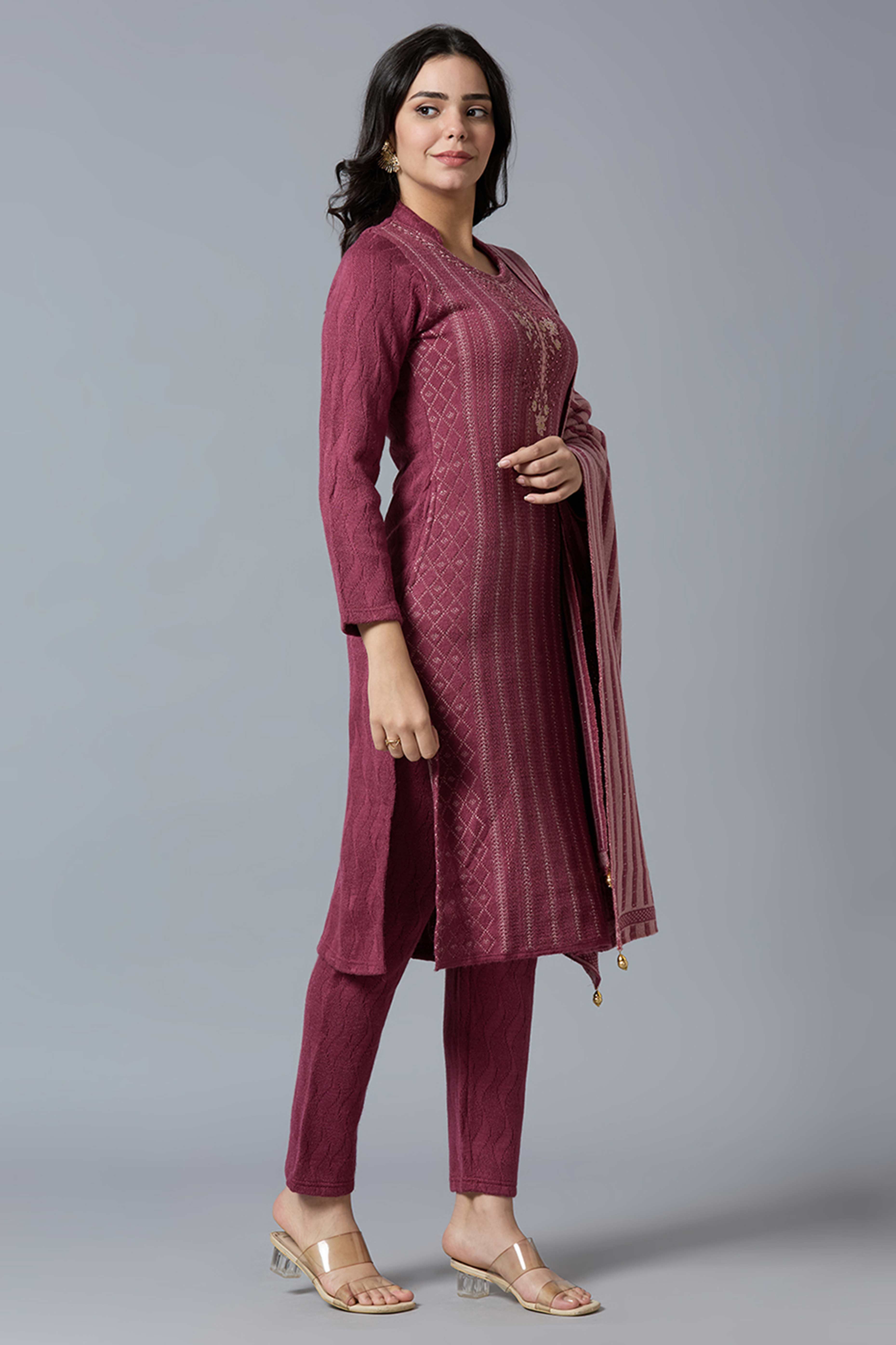 Maroon Woven Woolen Straight Salwar Suit