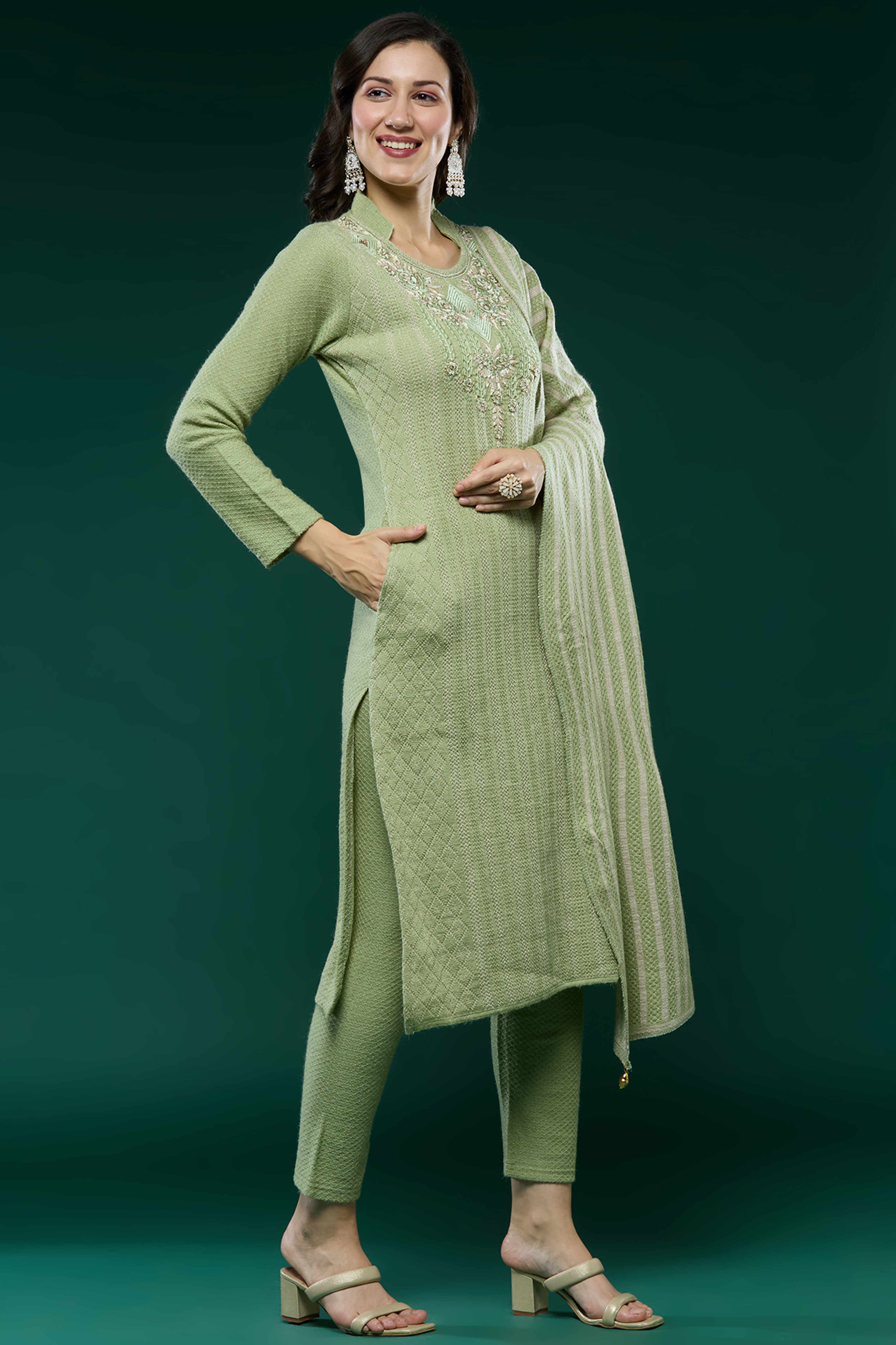 Green Woven Woolen Straight Salwar Suit