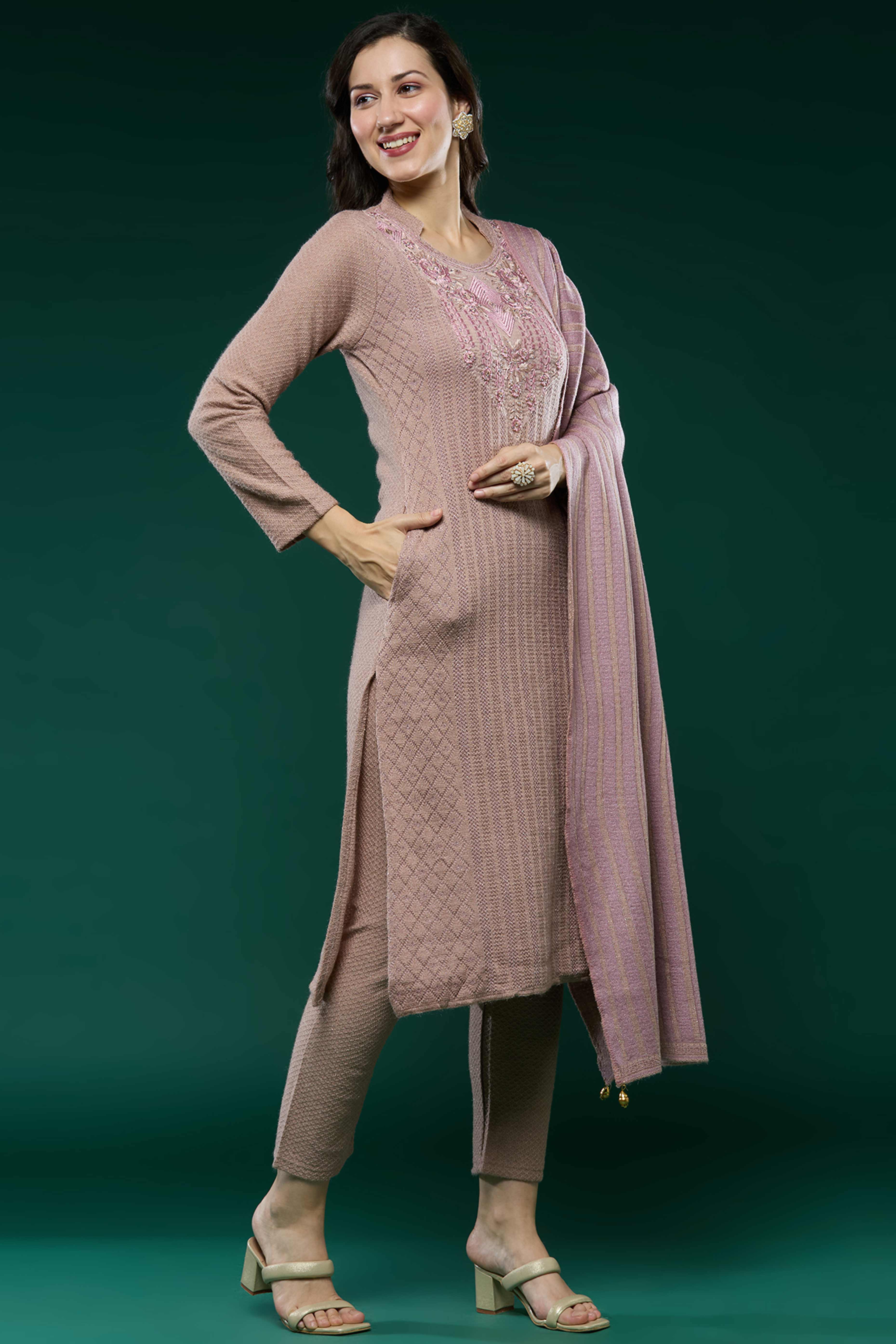 Peach Woven Woolen Straight Salwar Suit