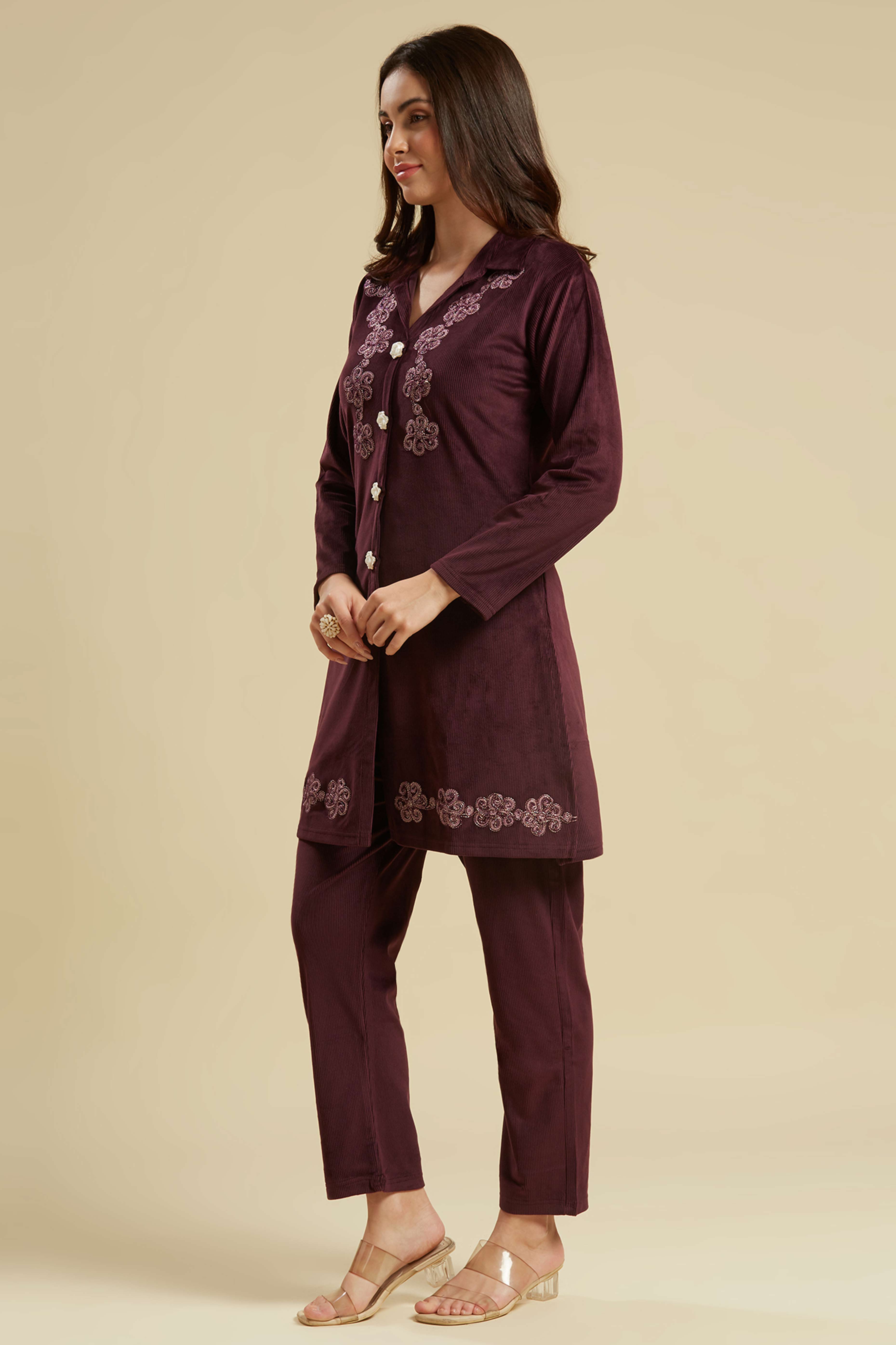 Wine Embroidered Velvet A-Line Top Bottom Set