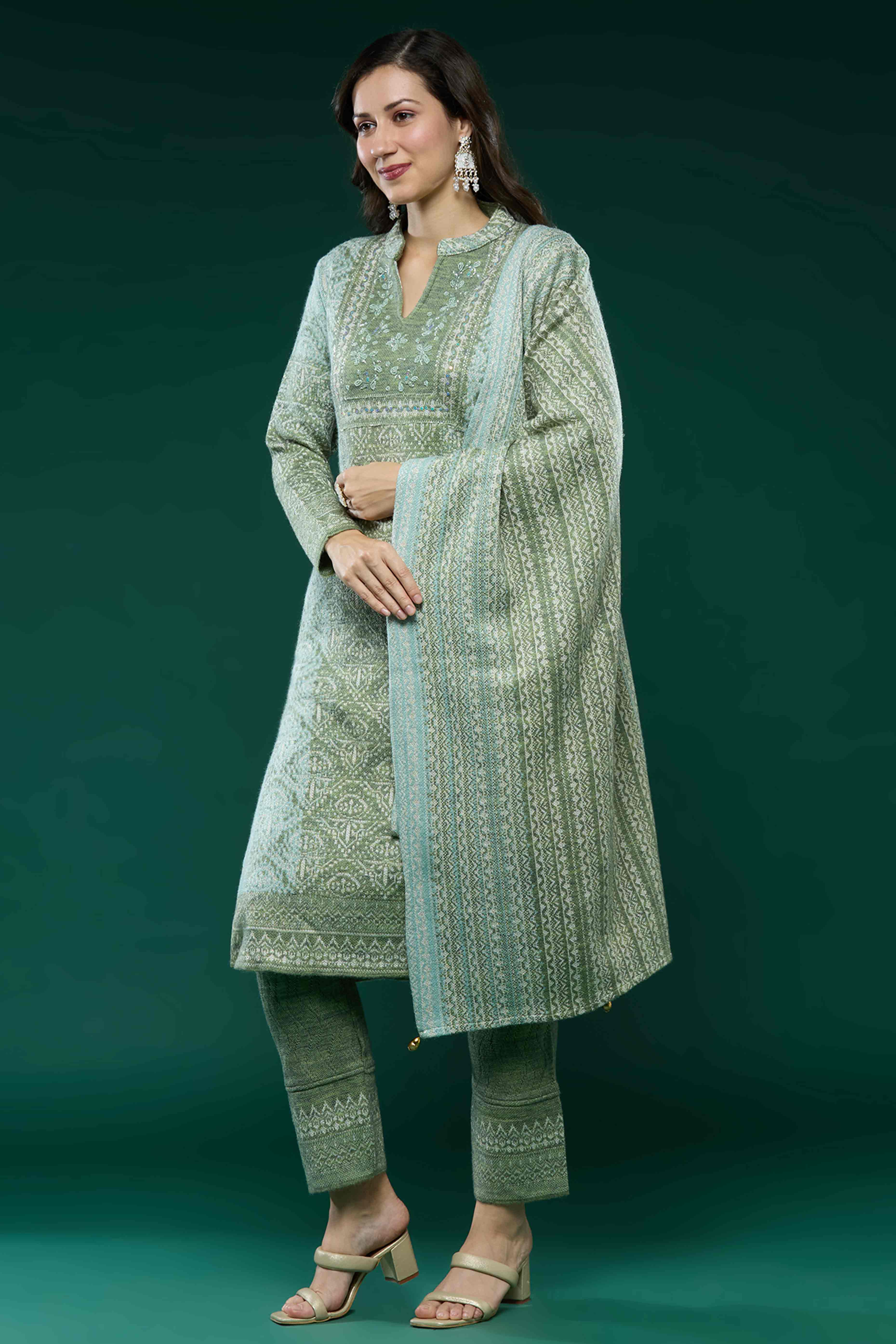 Green Woven Woolen Straight Salwar Suit