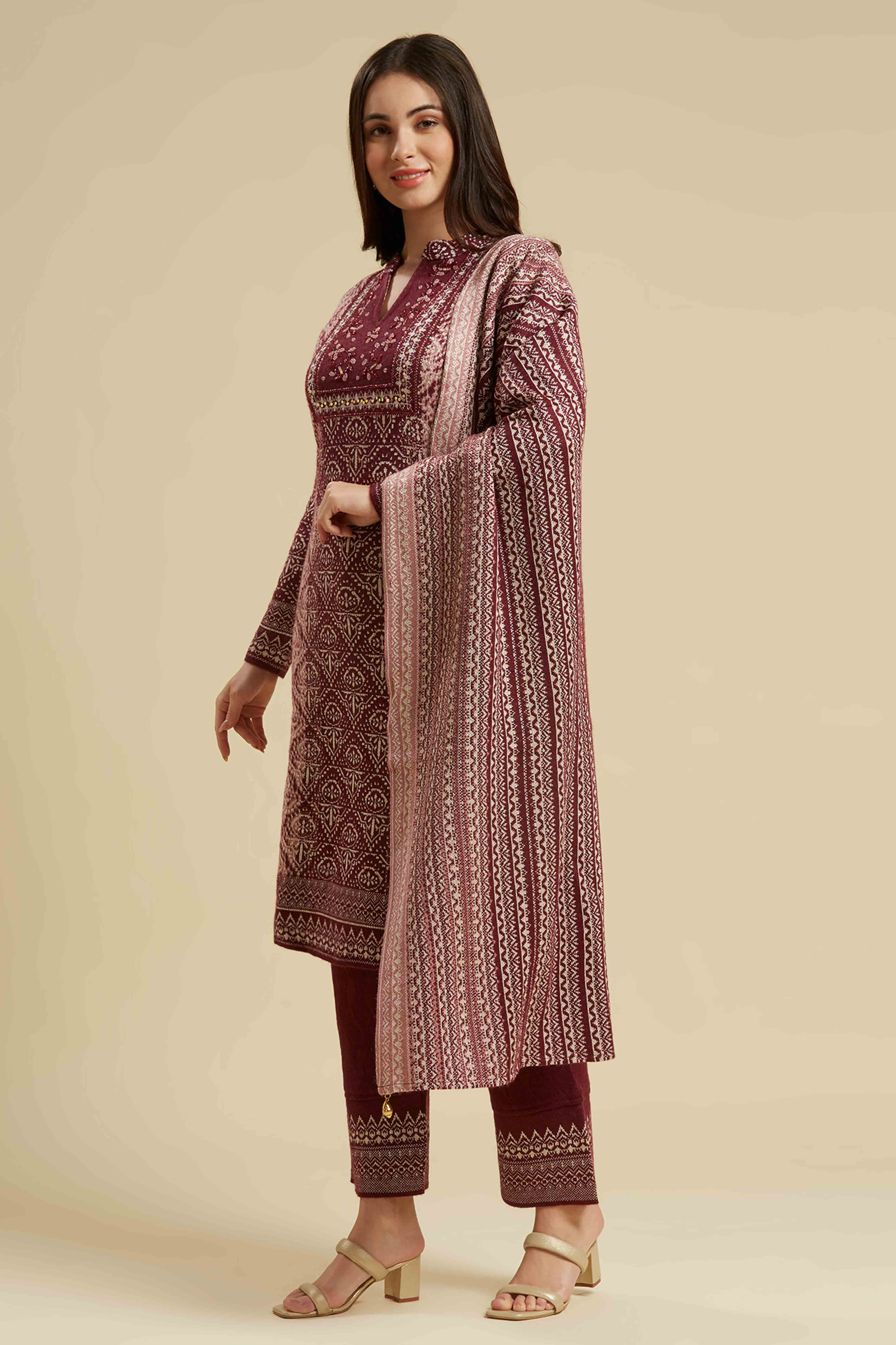 Wine Embroidered Woolen Straight Salwar Suit