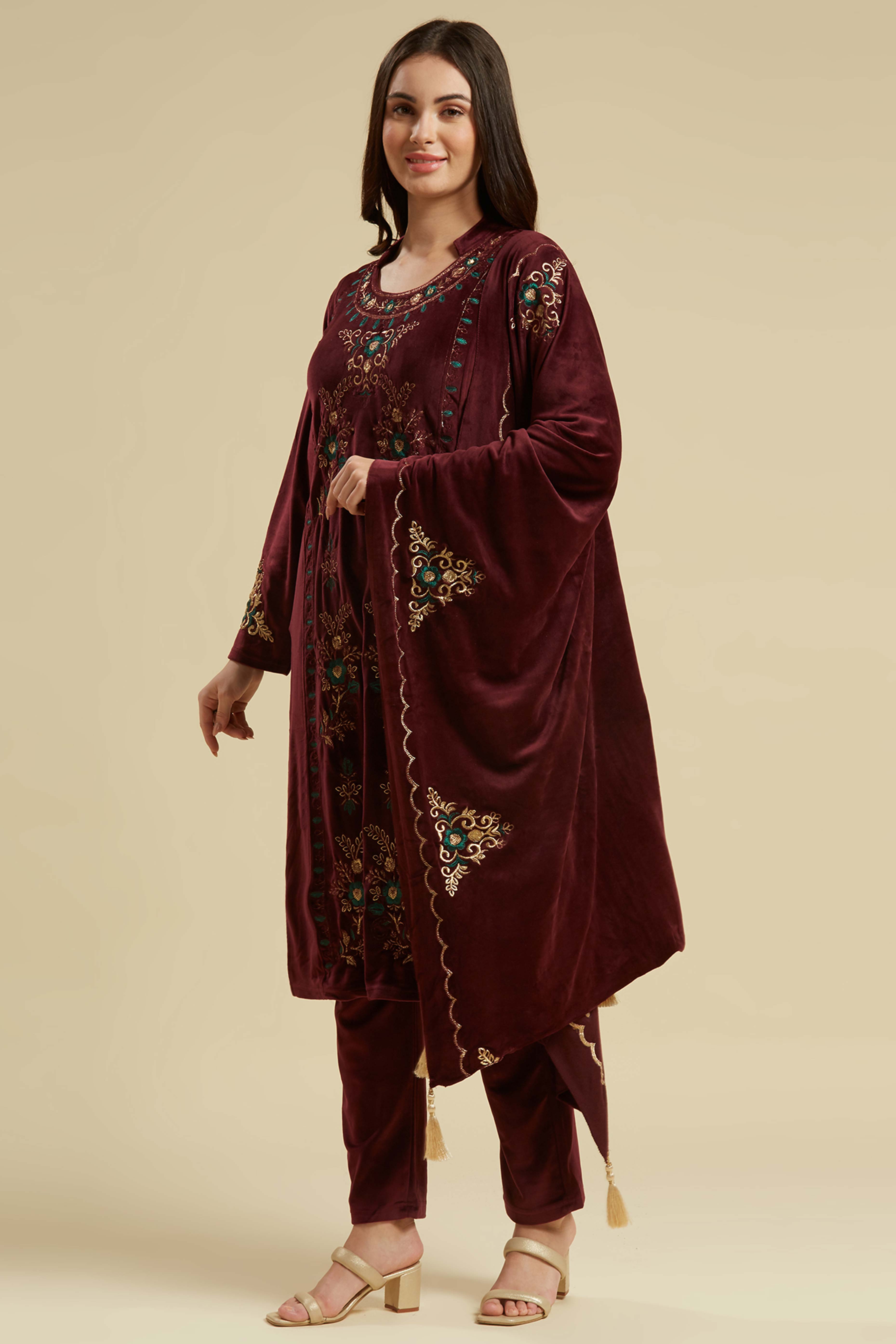 Wine Embroidered Velvet Straight Salwar Suit