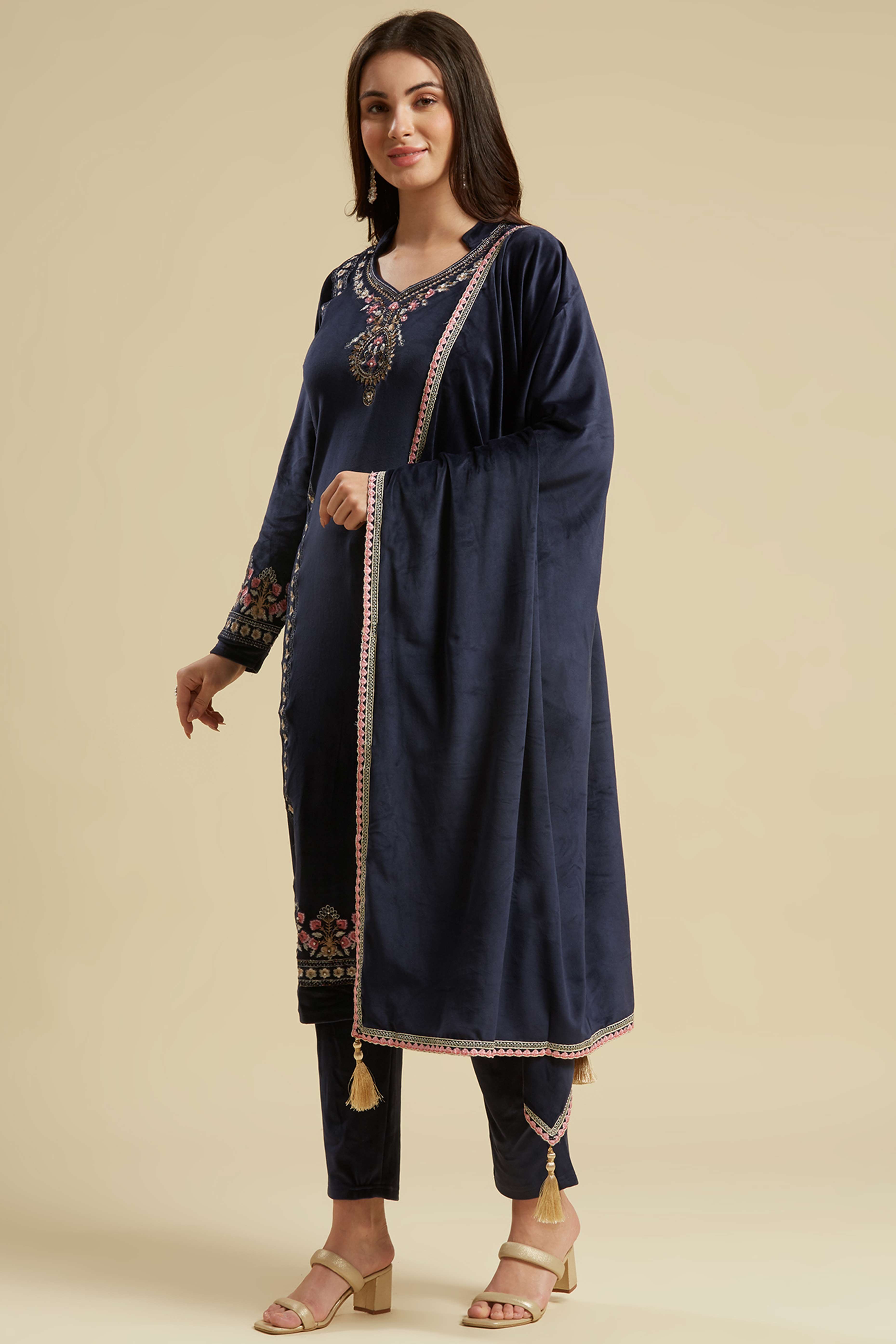 Navy Blue Embroidered Velvet Straight Salwar Suit