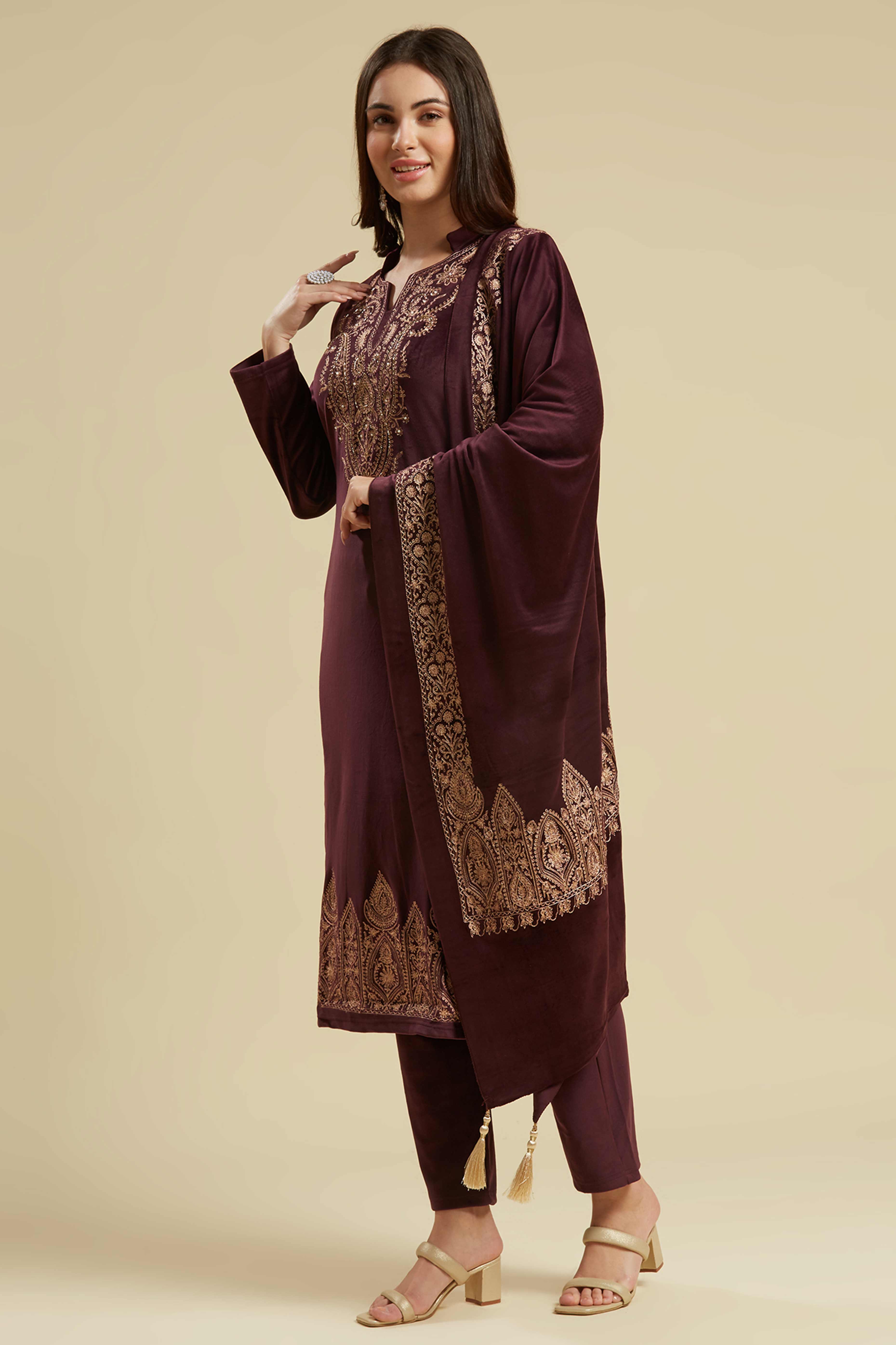 Wine Embroidered Velvet Straight Salwar Suit