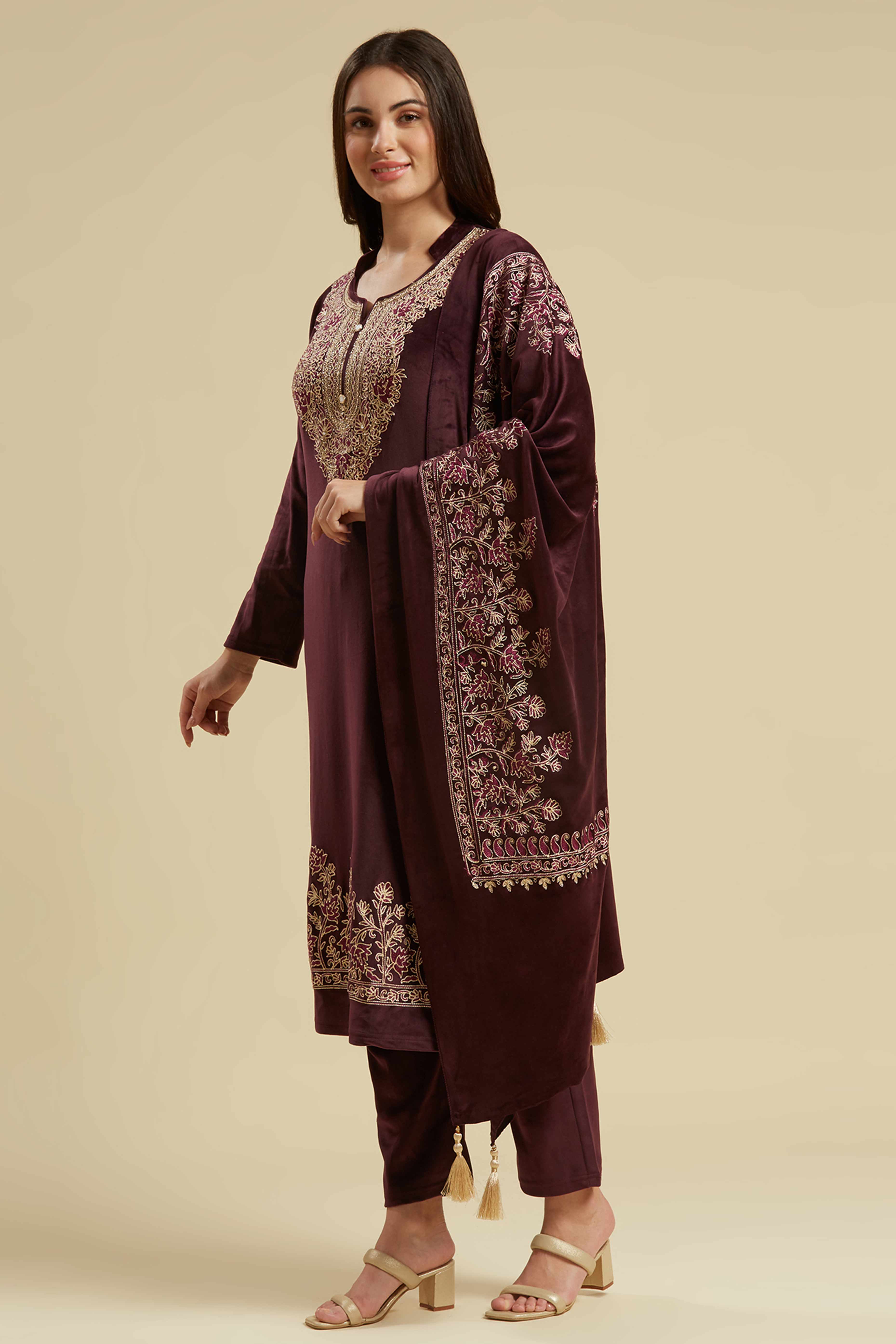 Wine Embroidered Velvet Straight Salwar Suit