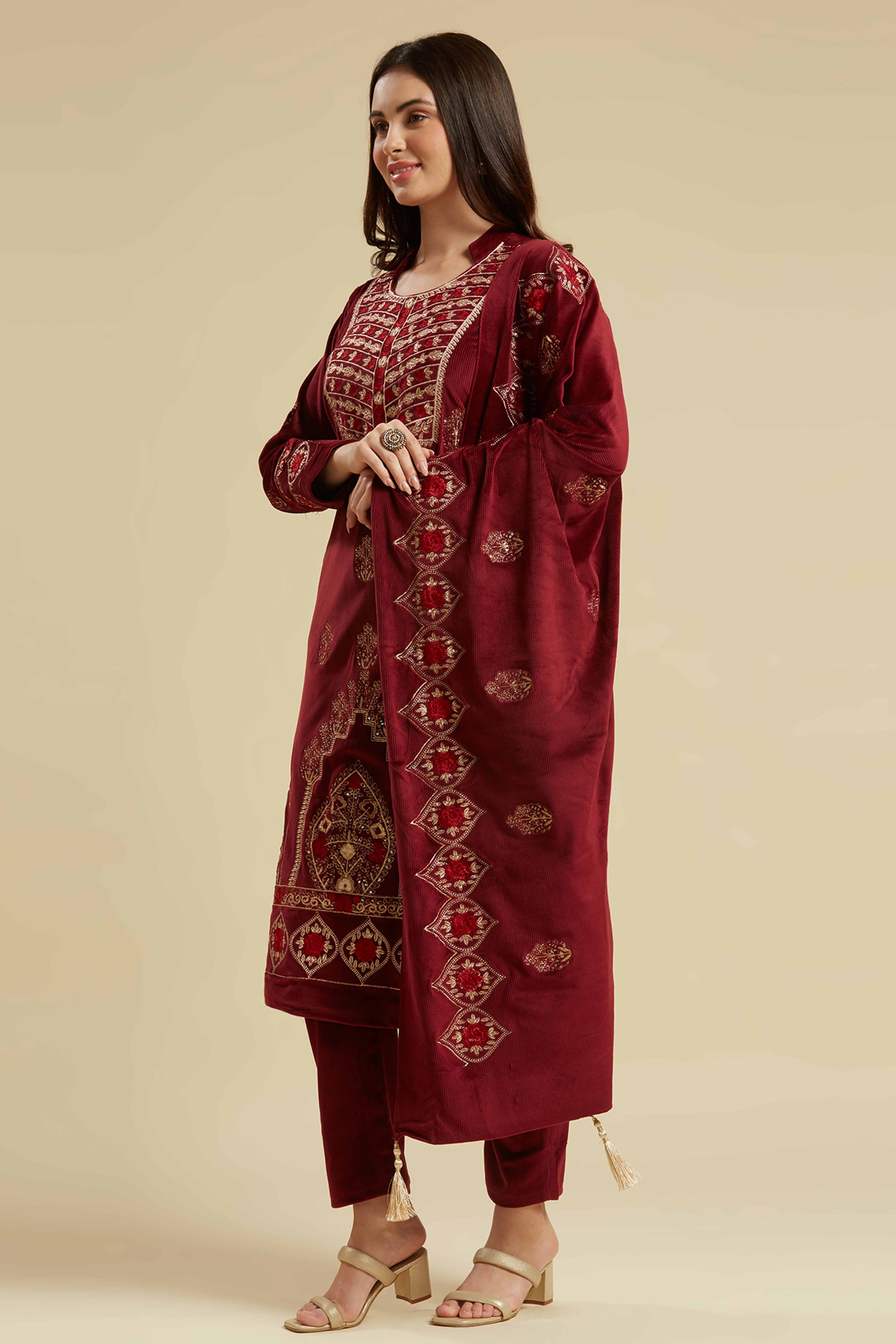 Maroon Embroidered Velvet Straight Salwar Suit