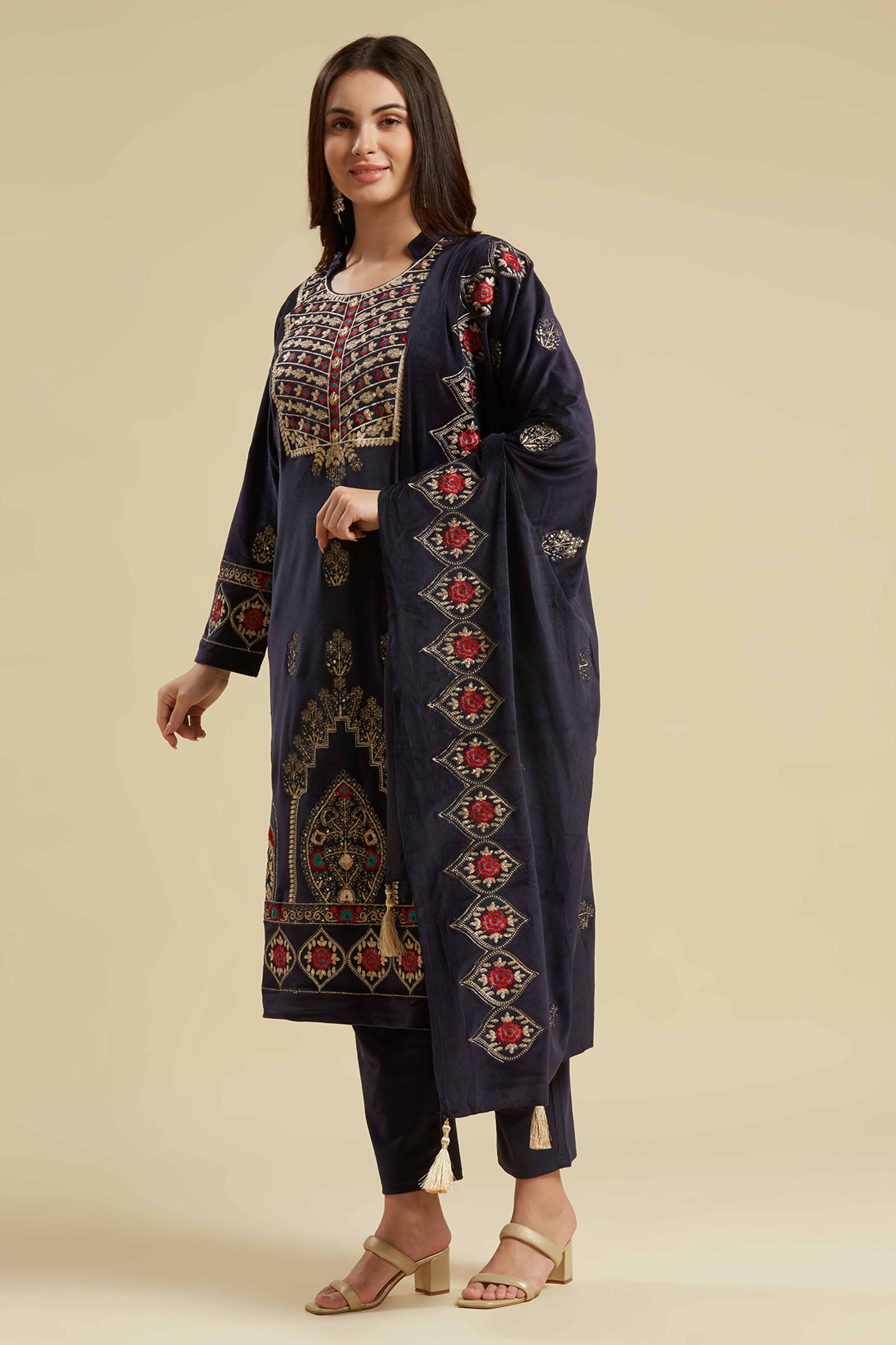 Navy Blue Embroidered Velvet Straight Salwar Suit