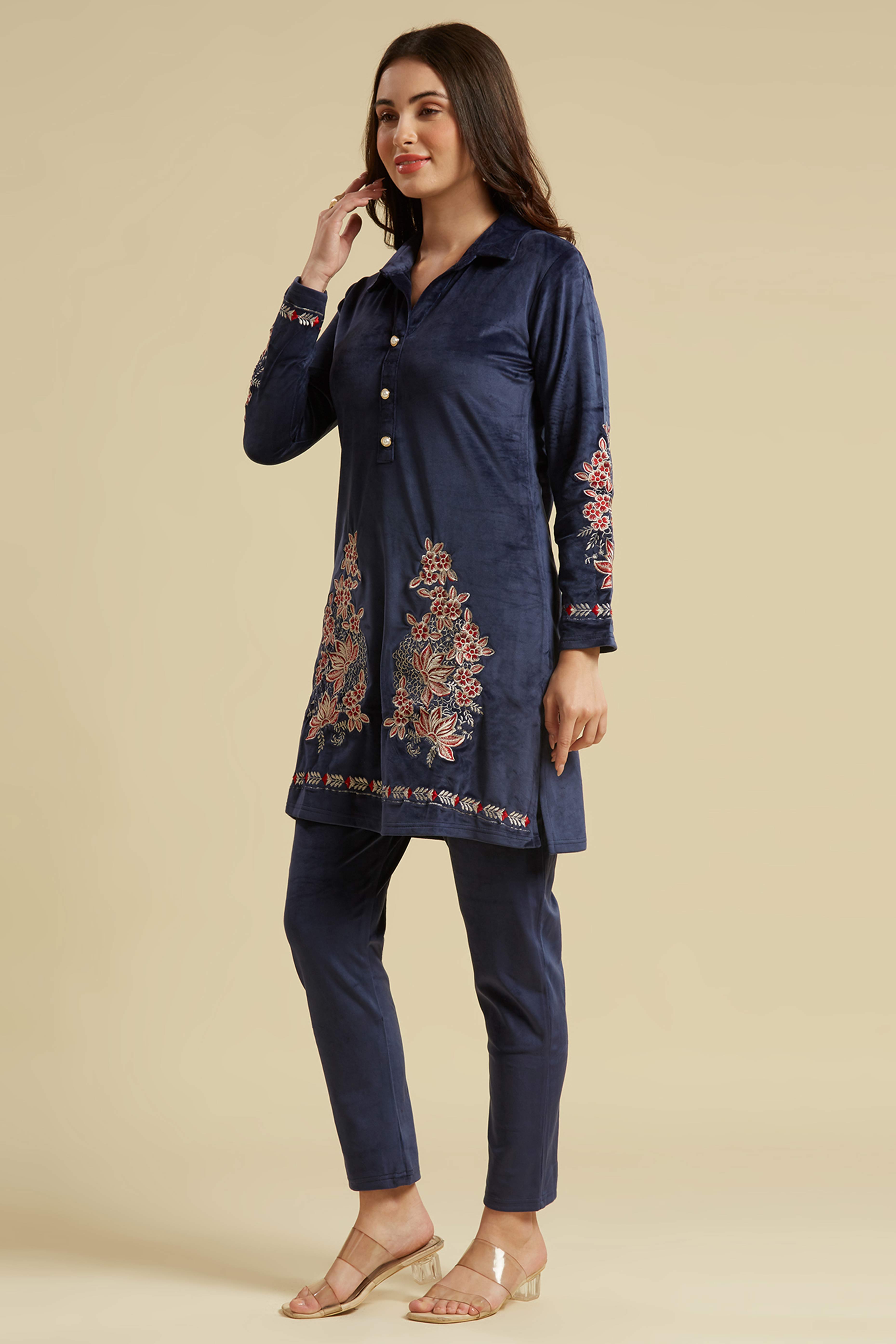 Navy Blue Embroidered Velvet Straight Top Bottom Set