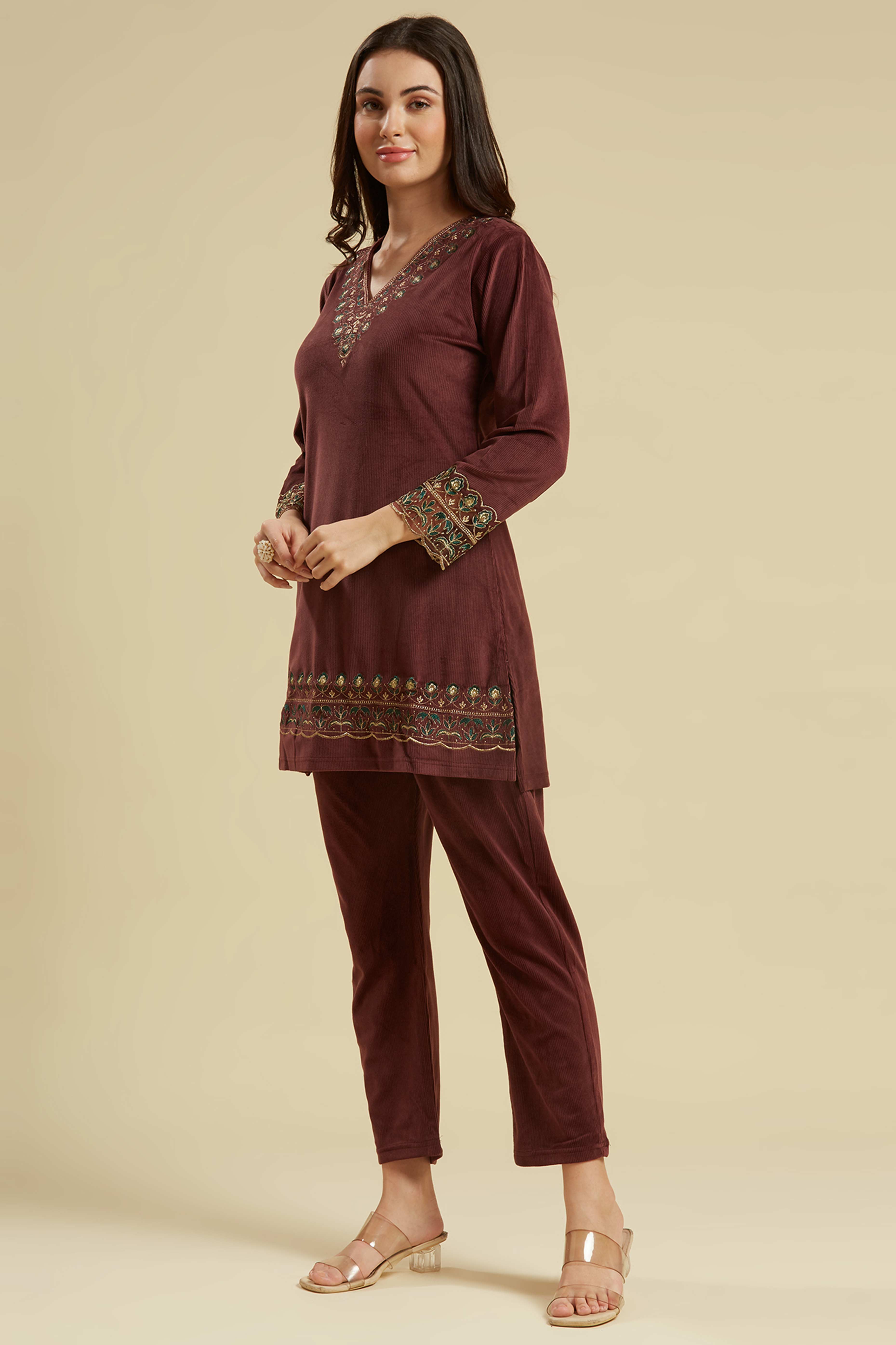 Brown Embroidered Velvet A-Line Top Bottom Set