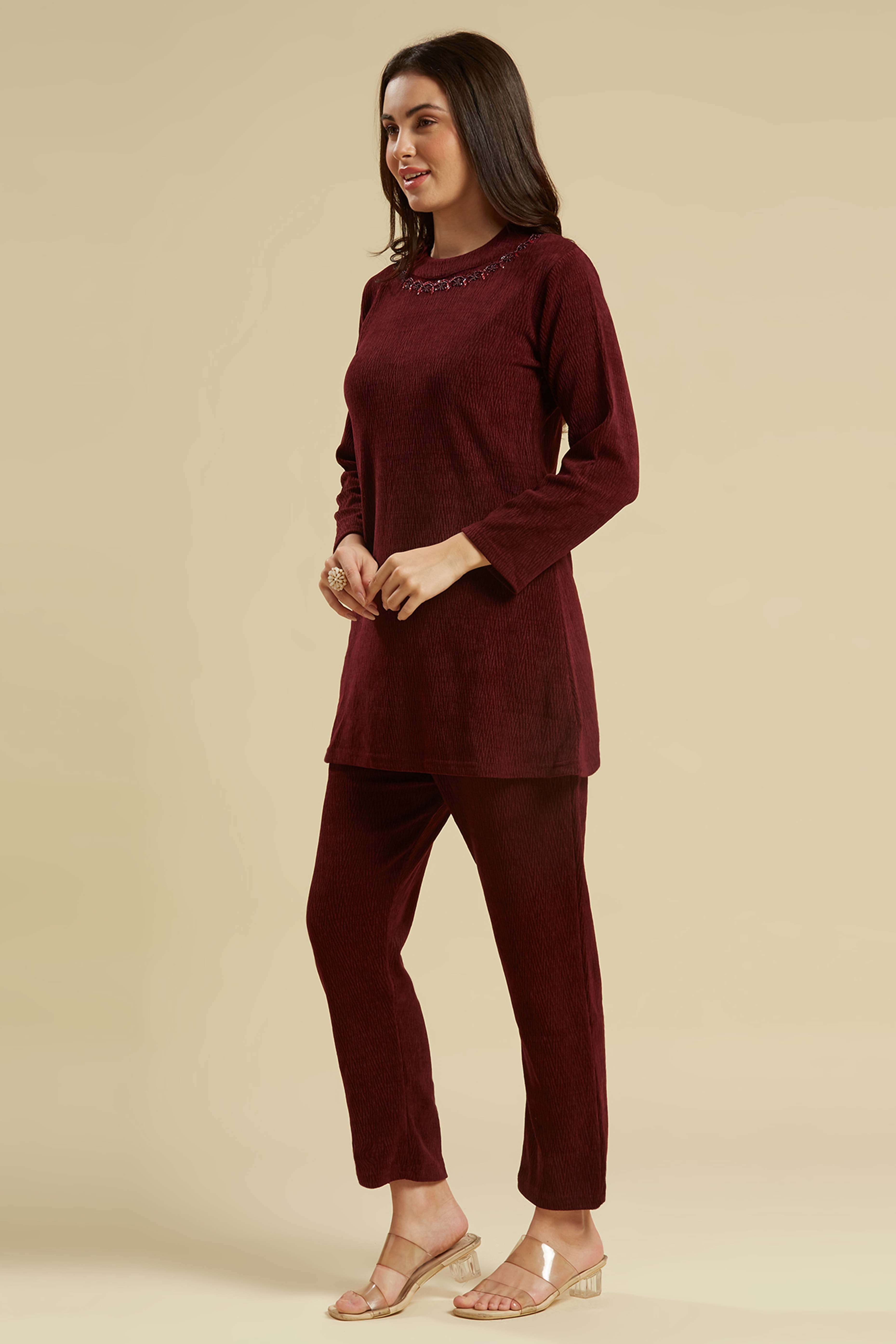 Maroon Woven Woolen A-Line Top Bottom Set