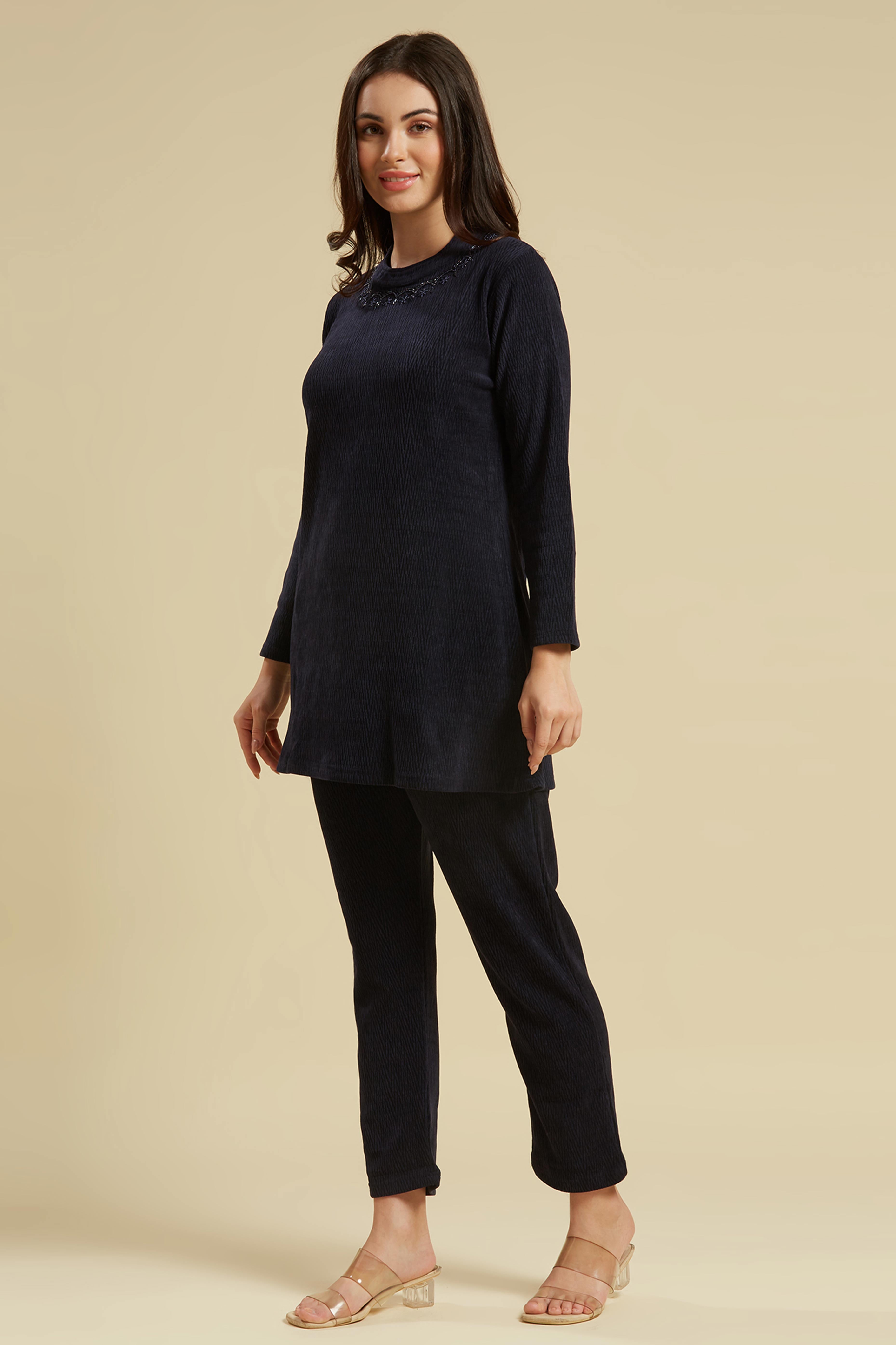 Navy Blue Woven Woolen A-Line Top Bottom Set