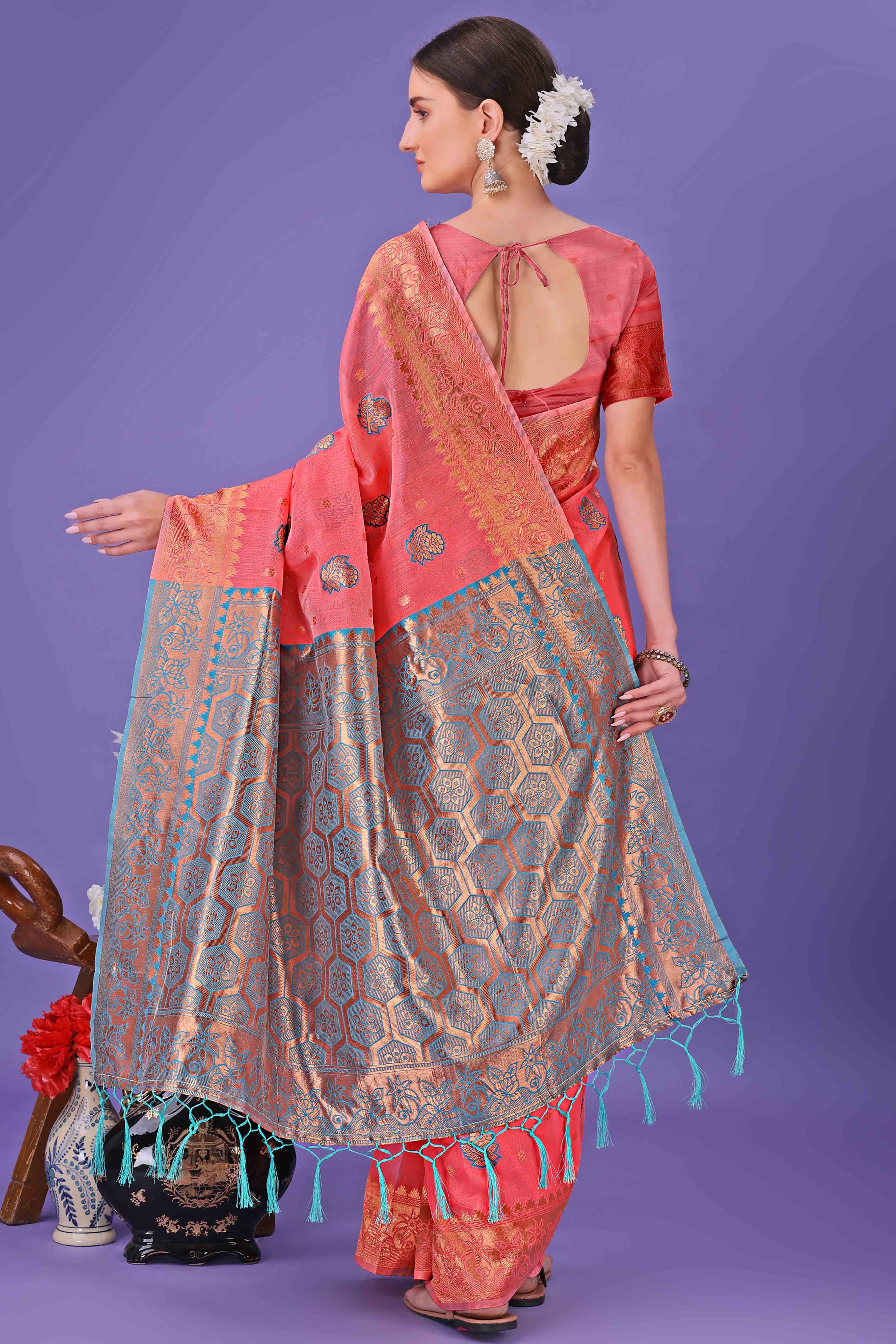 Peach Saree with Floral Zari Weaving on a Linen Cotton Base