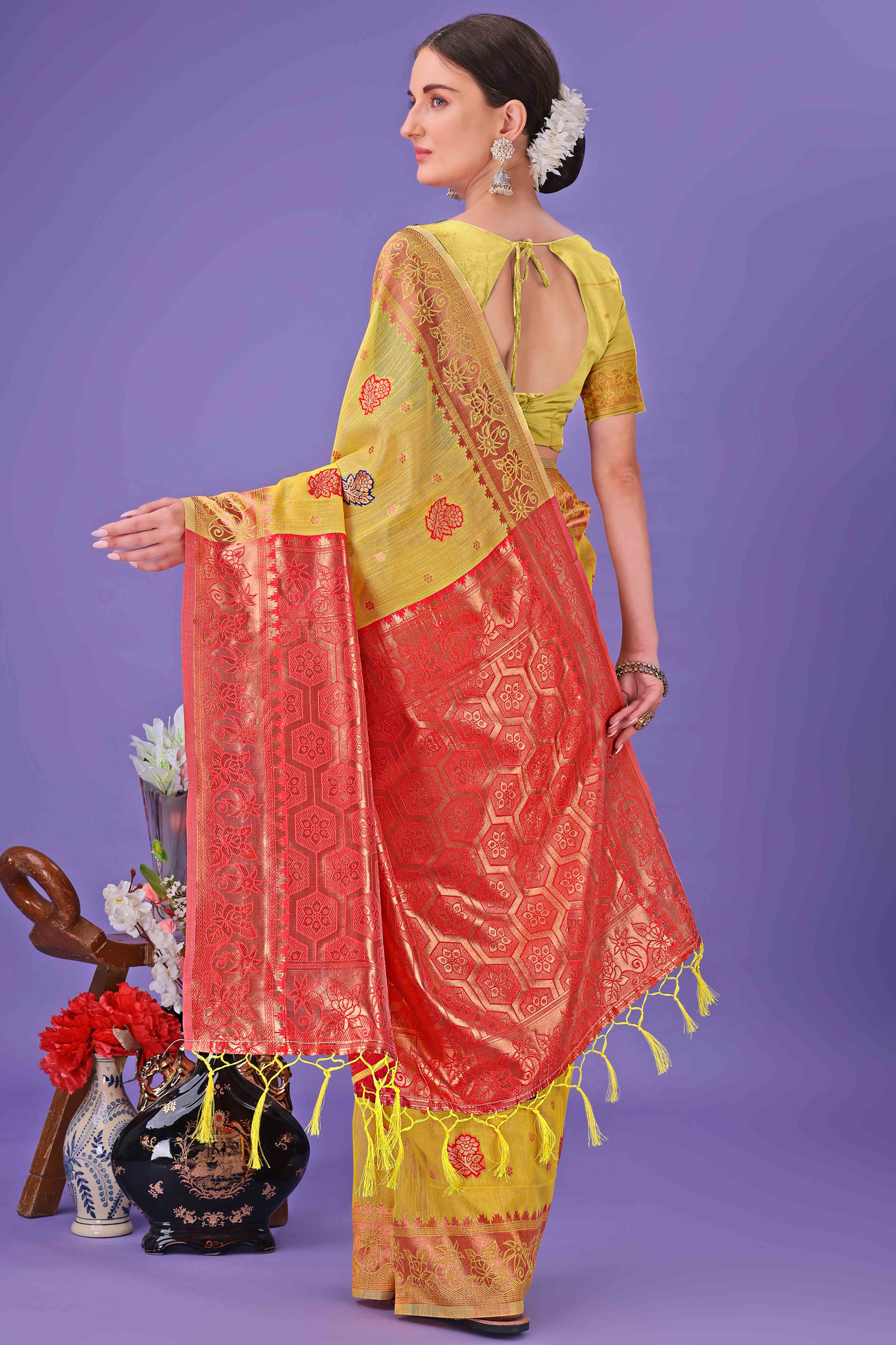 Yellow Saree with Floral Zari Weaving on a Linen Cotton Base