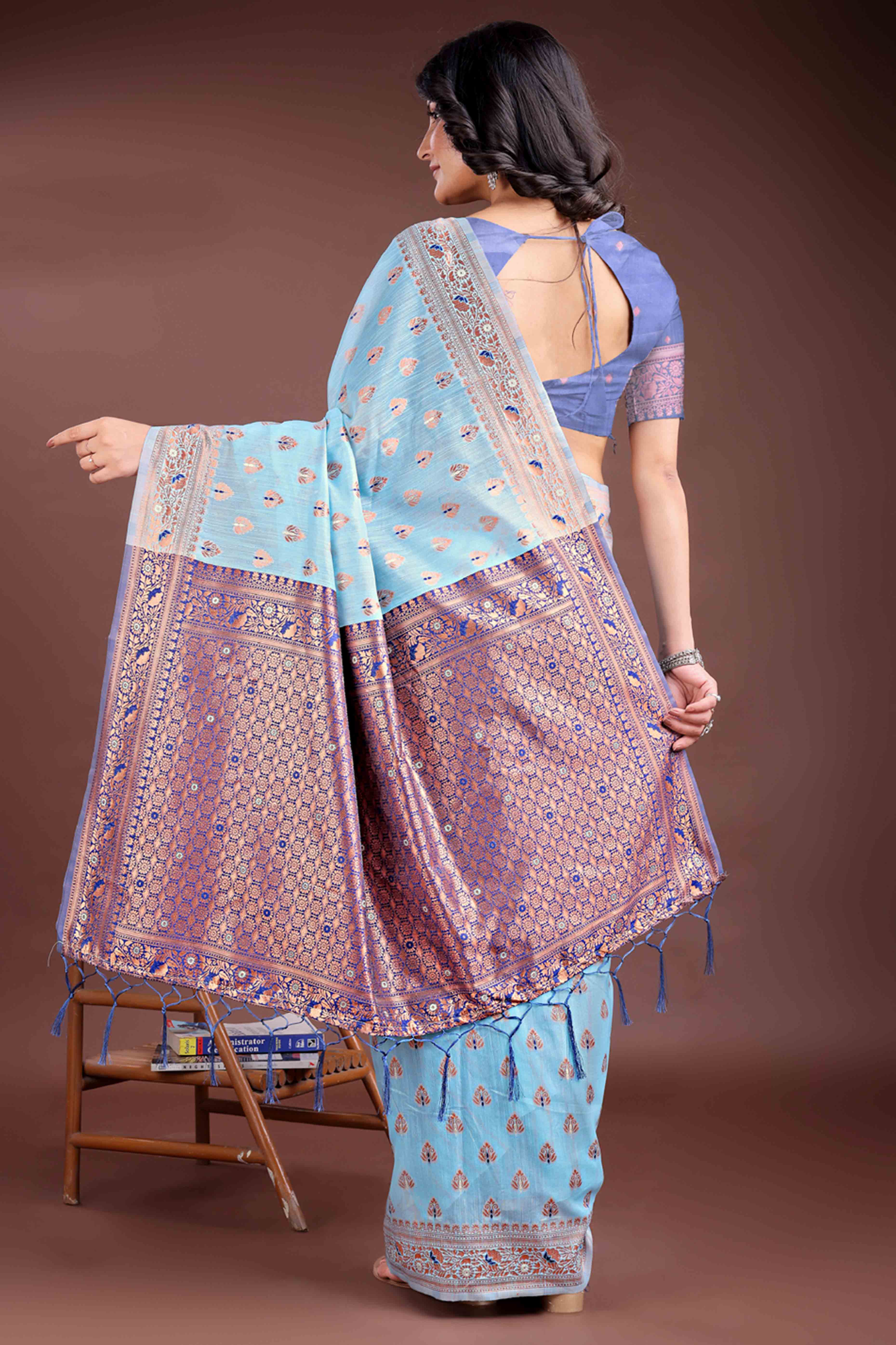 Dreamy Sky Blue Floral Zari Weaving Cotton Blend Saree with Delicate Tassel Embellishments