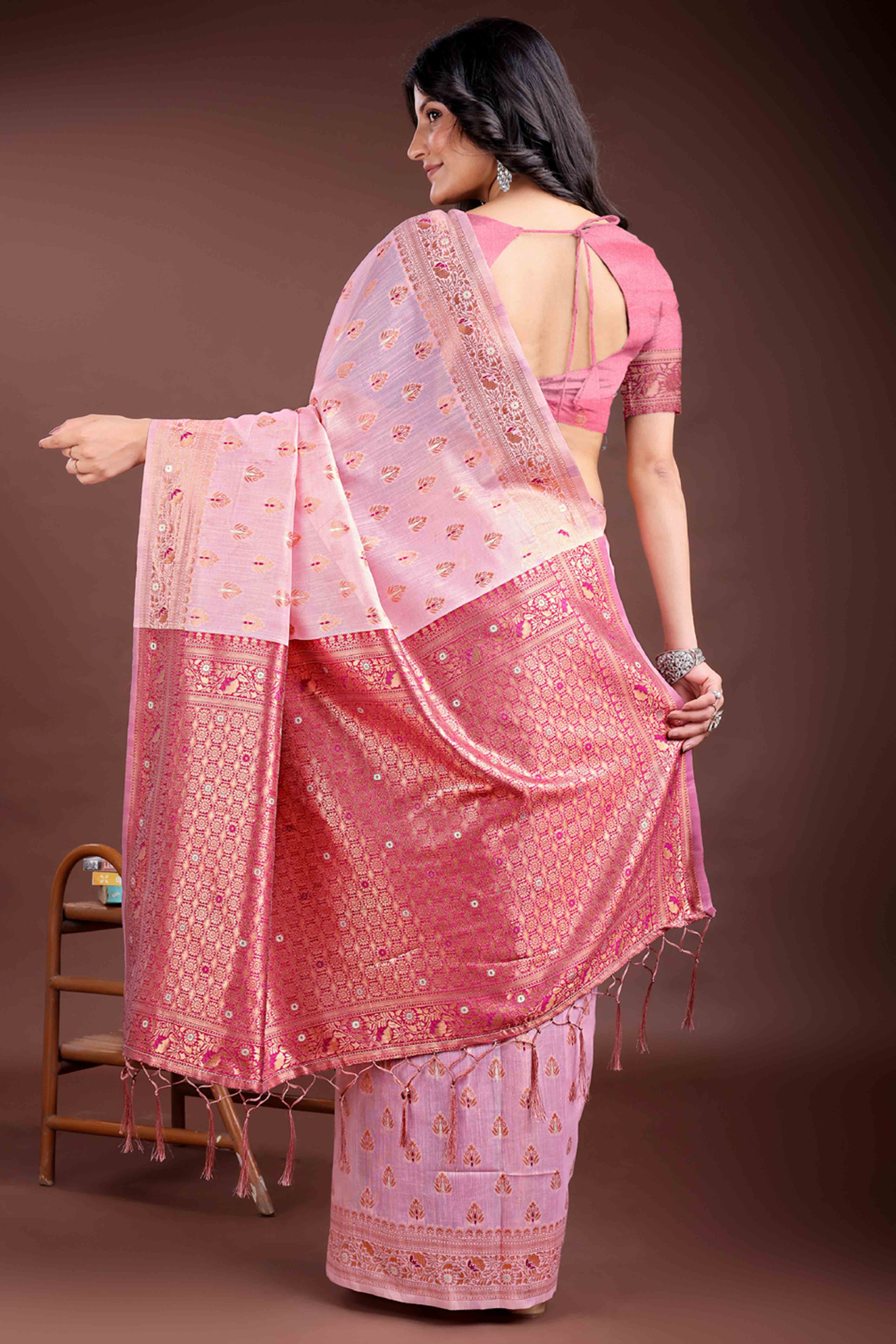 Romantic Pink Floral Zari Weaving Cotton Blend Saree with Lovely Tassel Accents