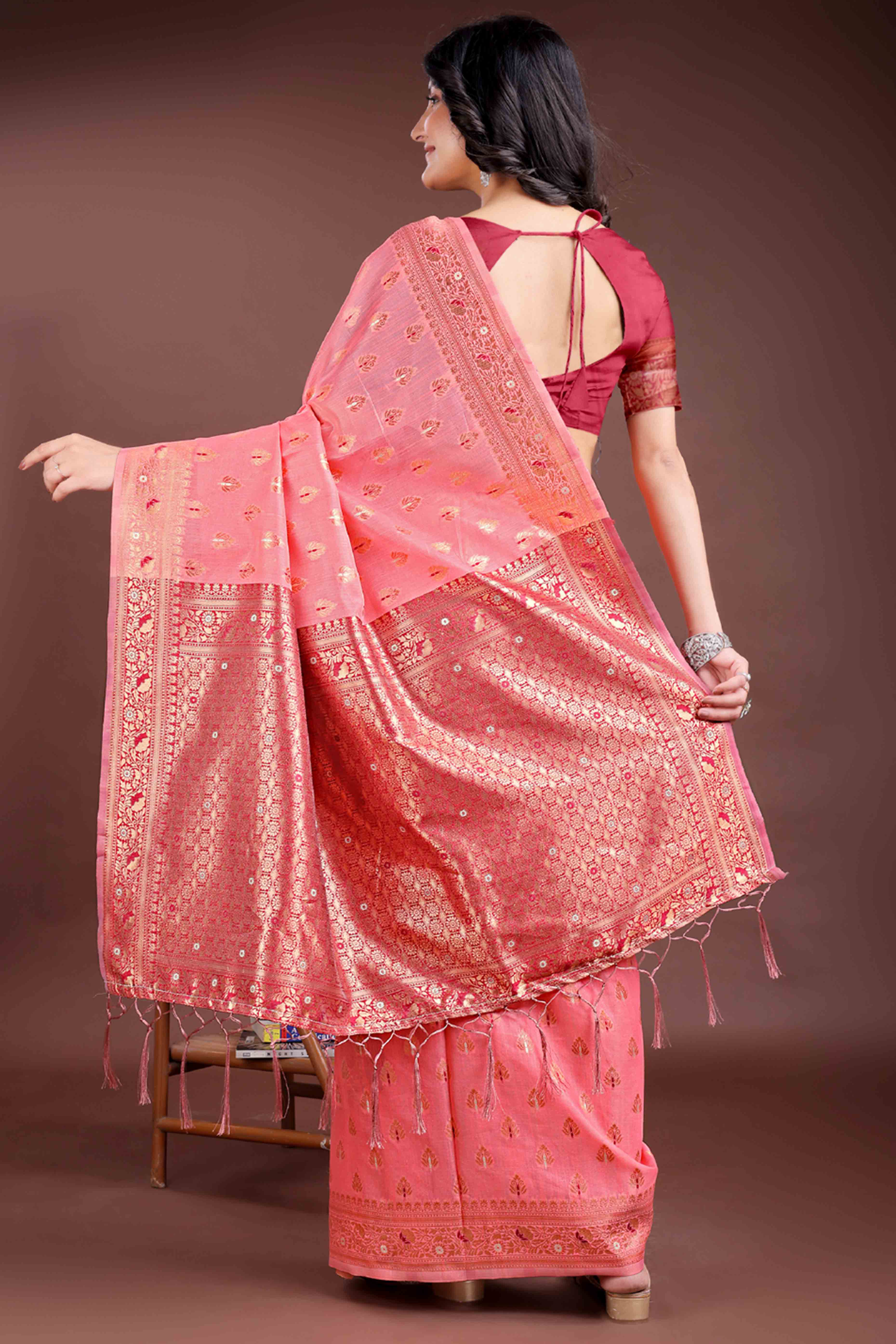 Elegant Peach Floral Zari Weaving Cotton Blend Saree with Beautiful Tassel Details