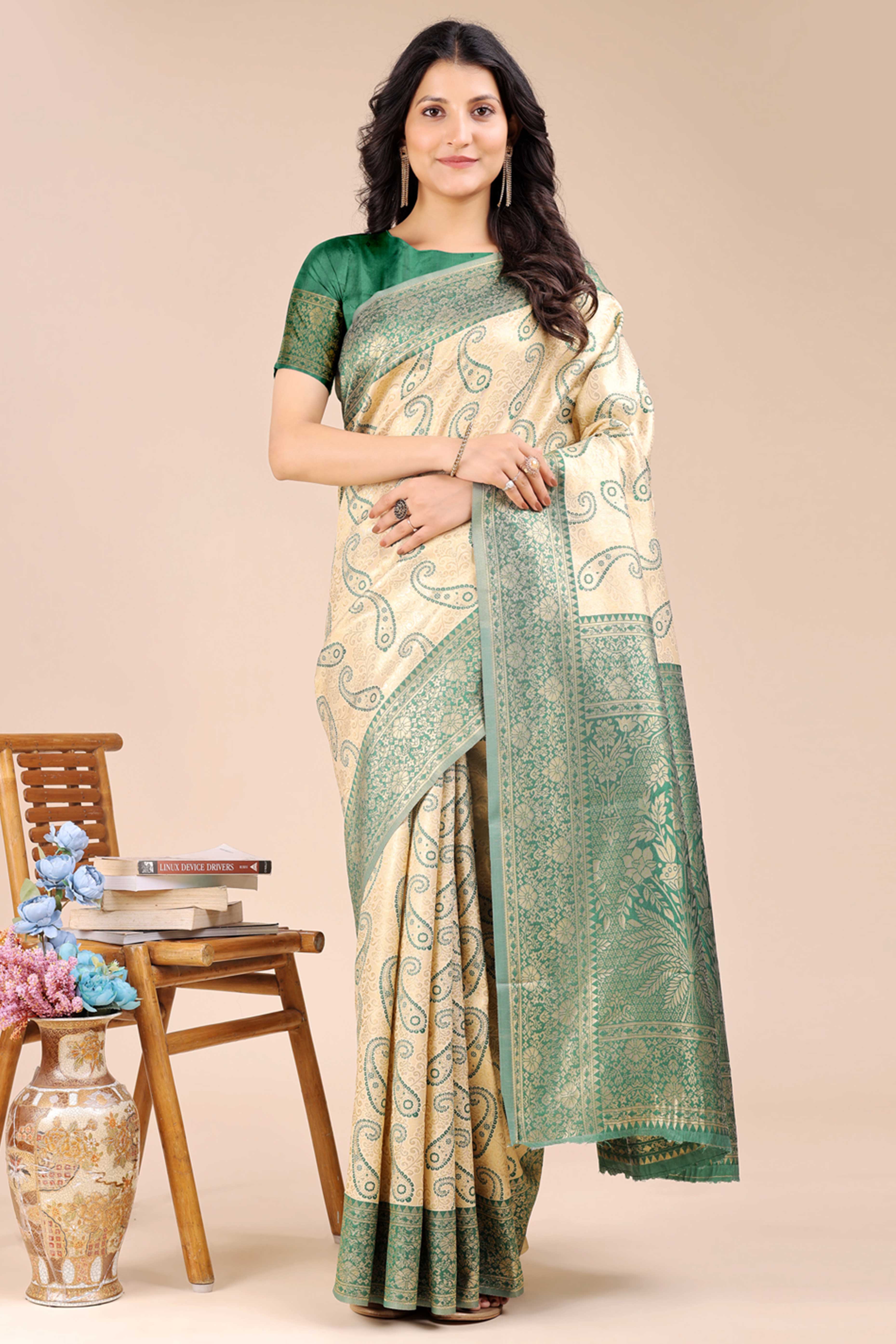 Cream Banarasi Silk Saree Featuring Green Floral Zari Weaving and a Rich Contrast Border