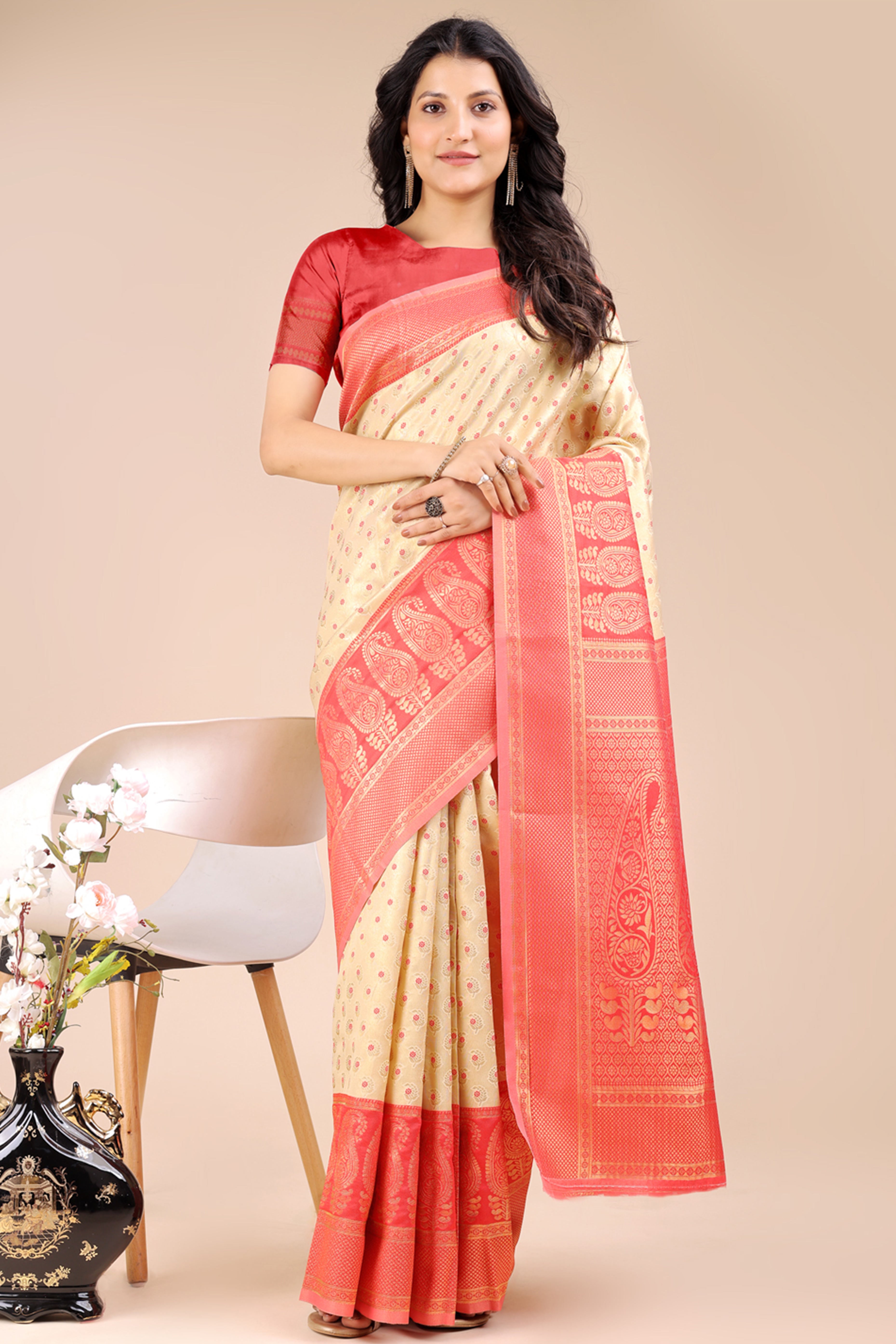 Cream Banarasi Silk Saree Featuring Lustrous Red Floral Zari Weaving and a Rich Contrast Border