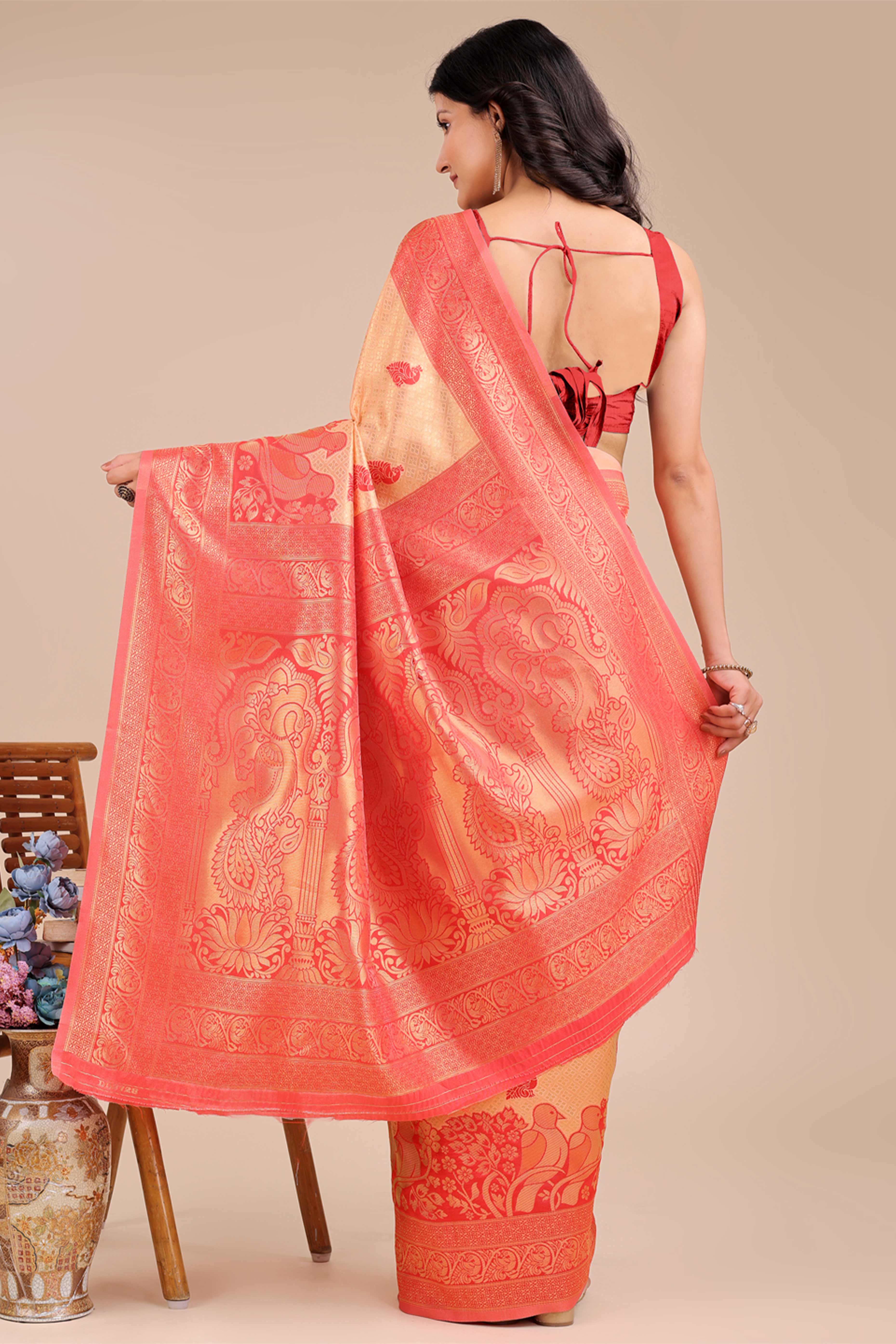 Cream & Red Floral Zari Weaving Banarasi Silk Saree With Intricate Peacock Pallu