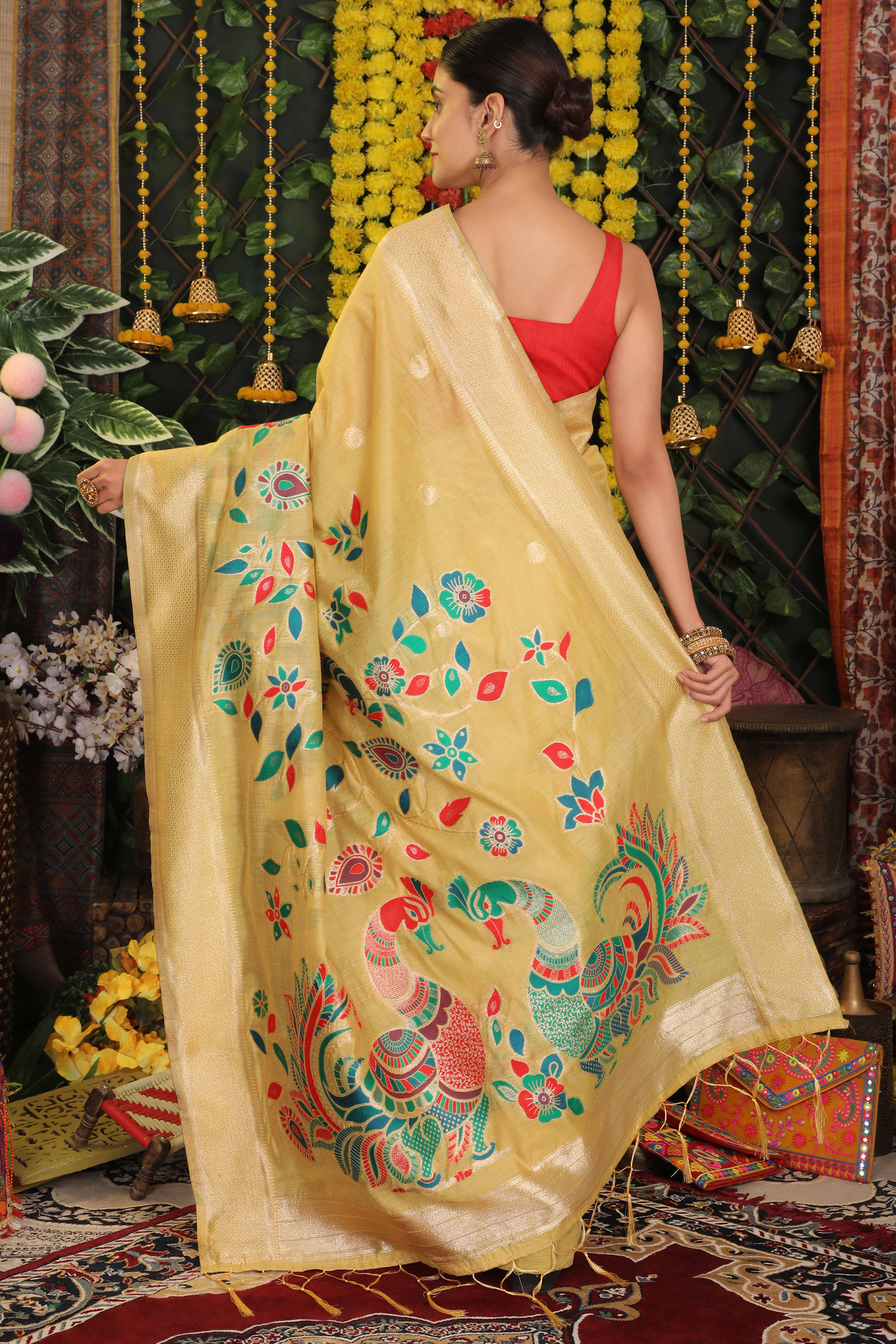Light Yellow Linen Cotton Saree Showcasing Floral & Peacock Zari Woven Design