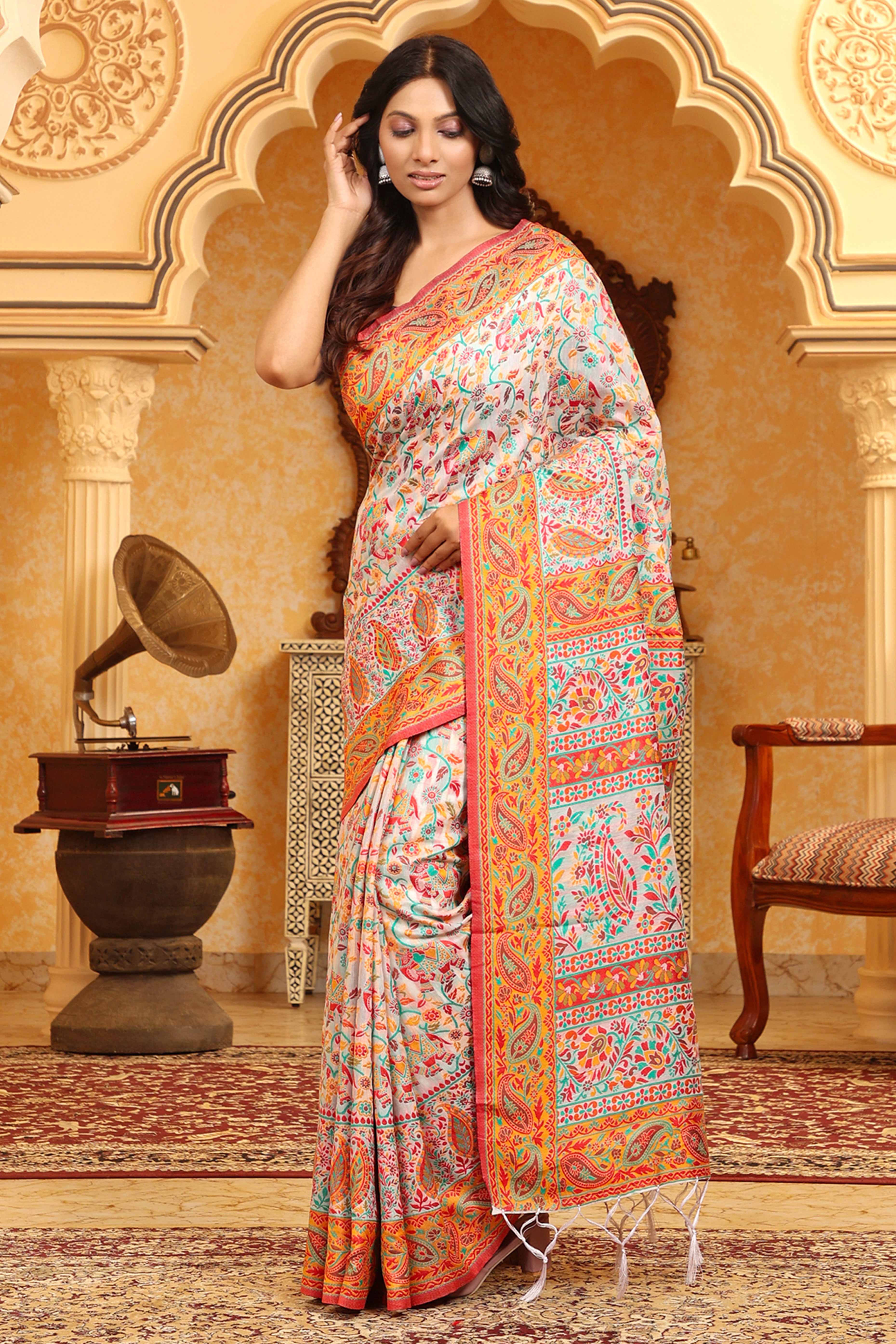 White With Multicolor Linen Cotton Silk  Saree Enhanced Floral Zari Weaving & Tasselled Pallu