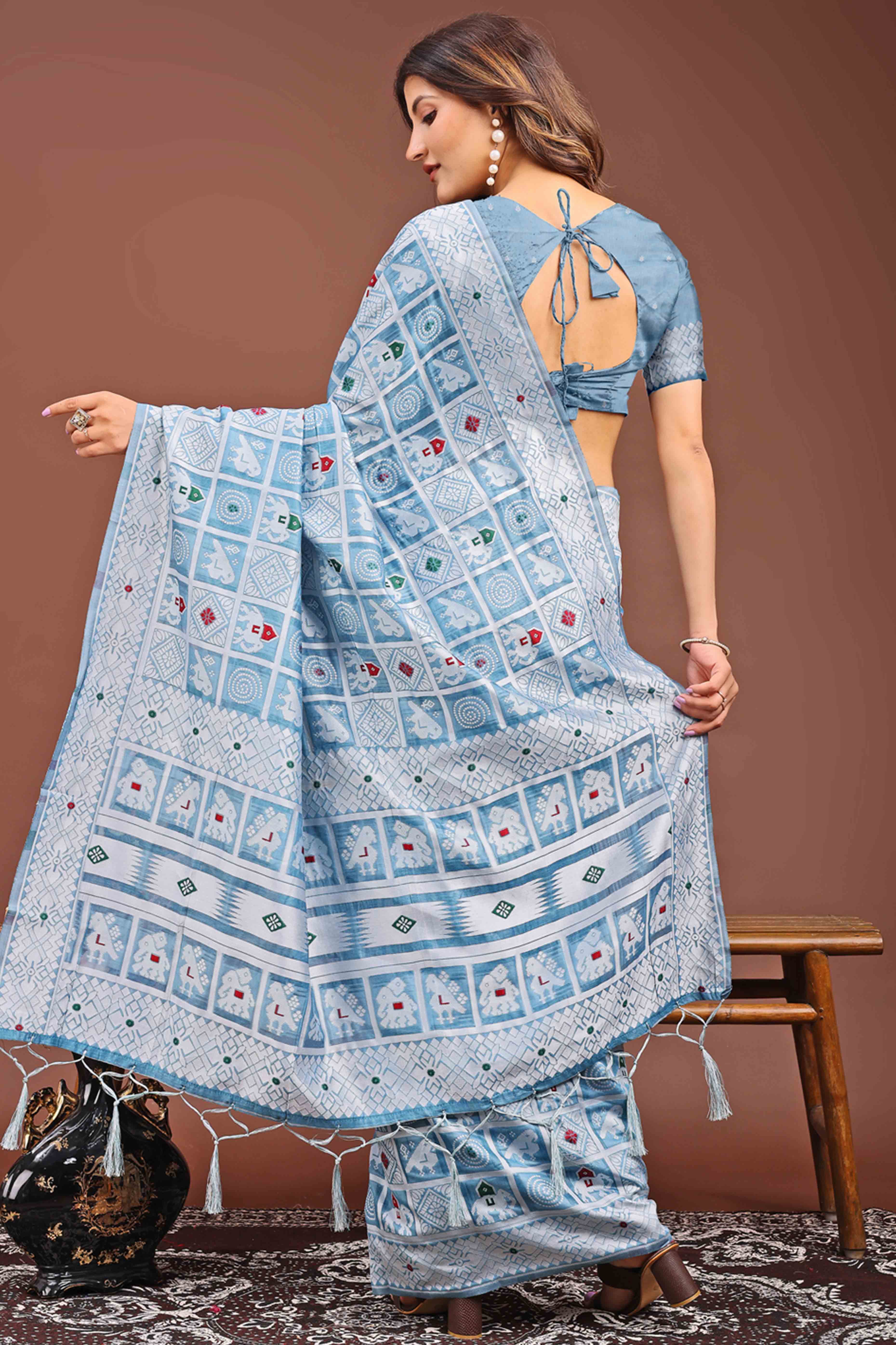 Blue Linen Cotton Saree Adorned With Zari Weaving & Tassel pallu