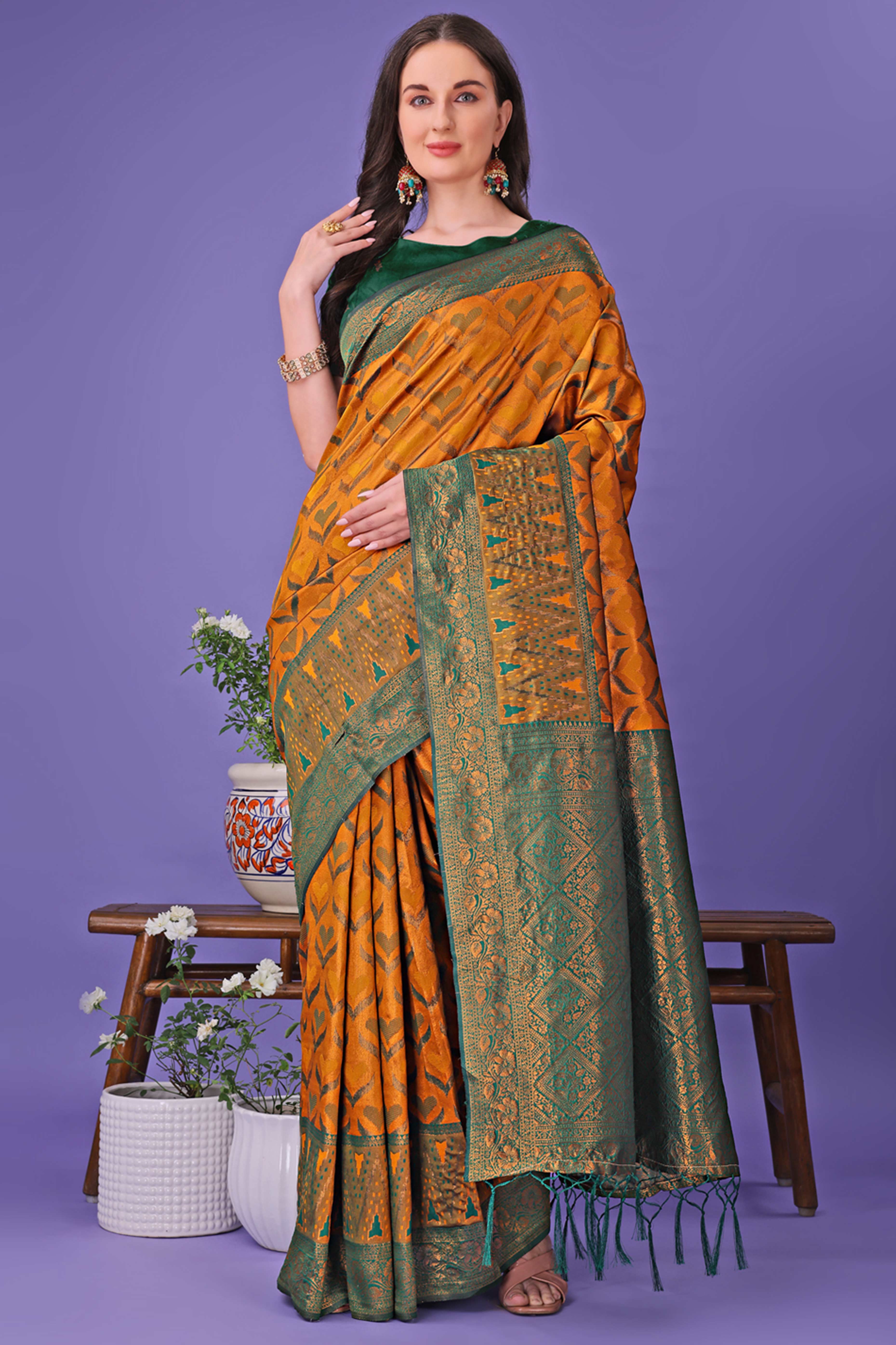 Mustard Heart Motif Zari Woven Lichi Cotton Silk Saree With Flowing Tassels