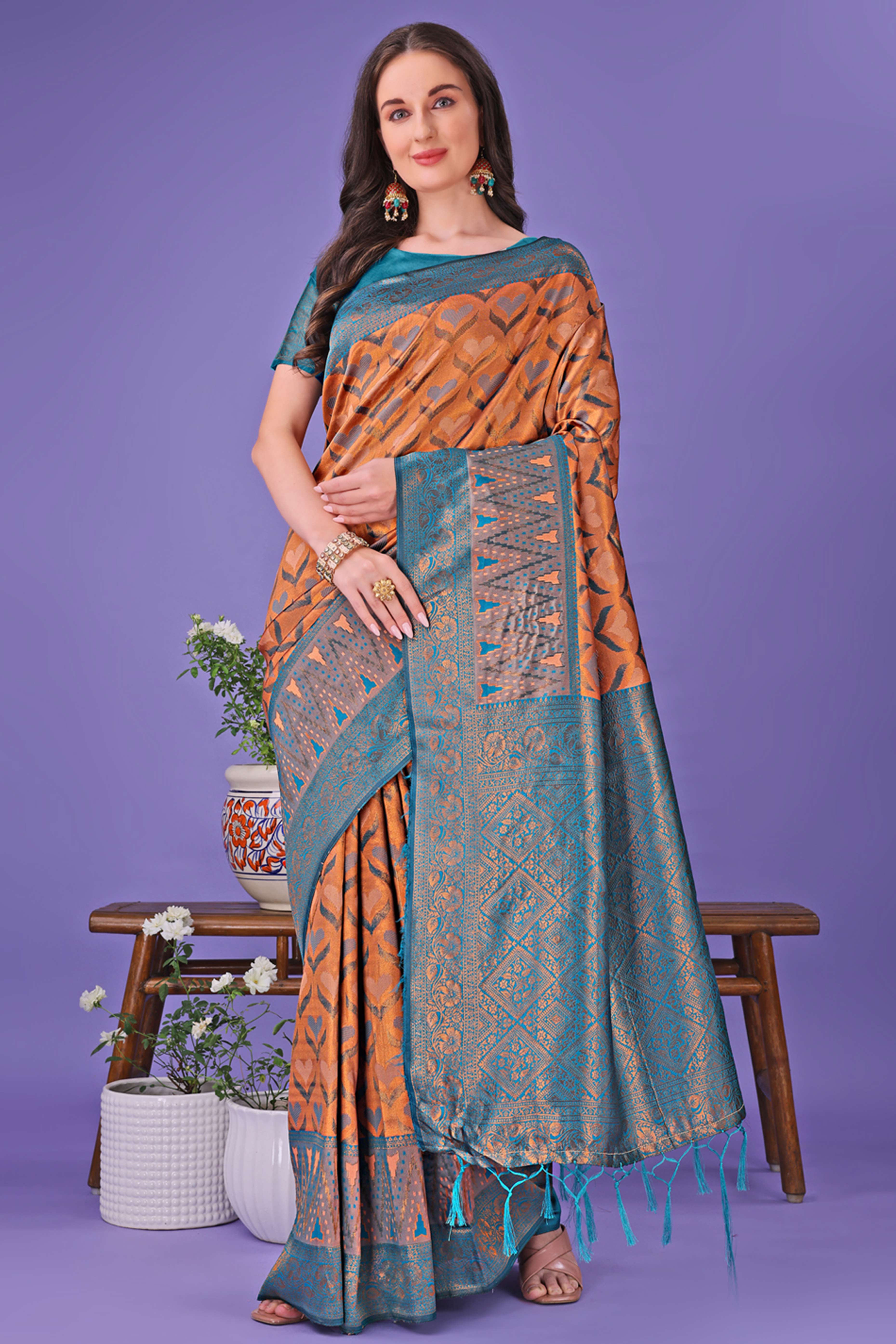 Peach Heart Motif Zari Woven Lichi Cotton Silk Saree With Flowing Tassels
