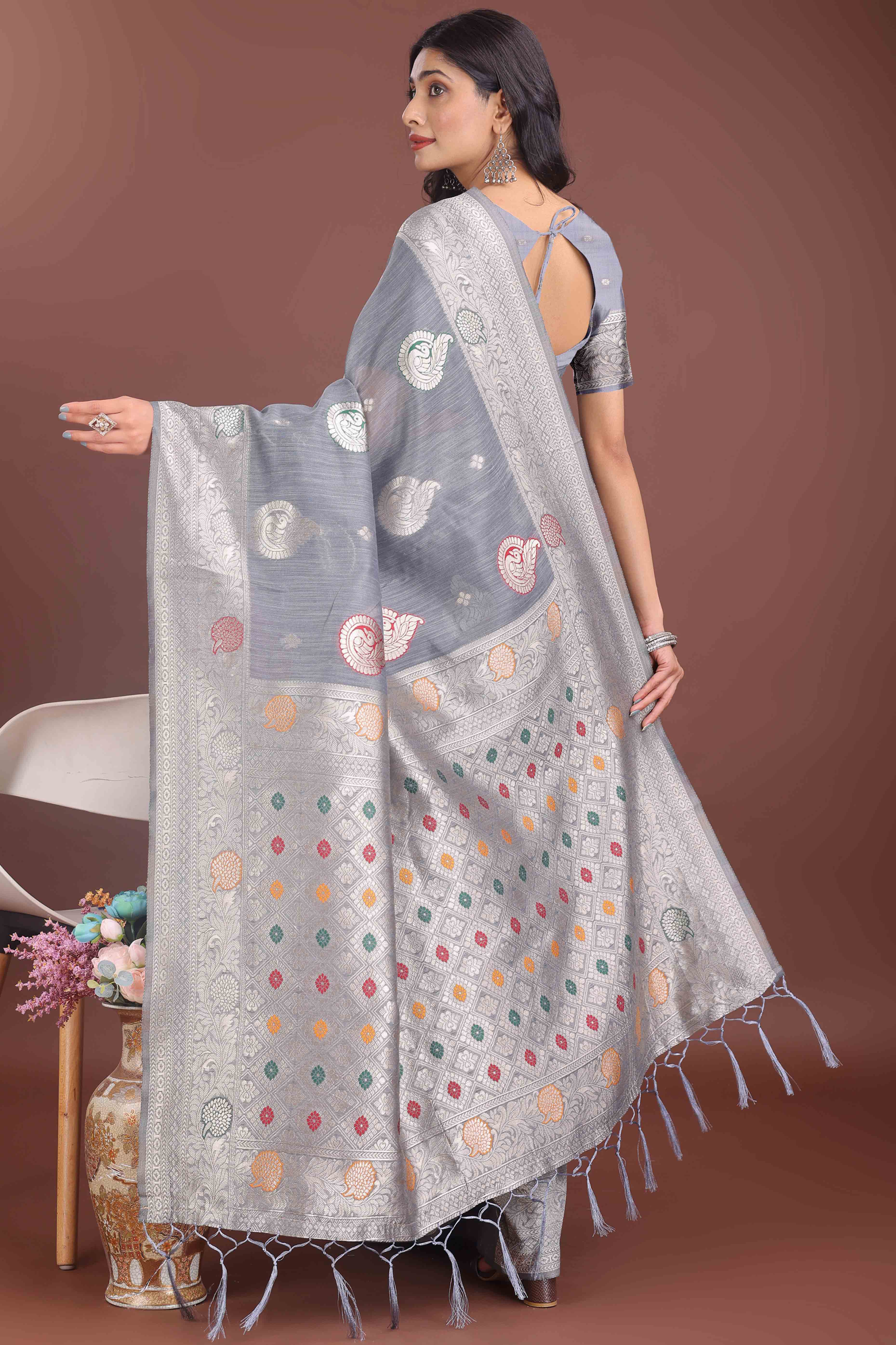 Grey Lichi Cotton Blend Saree With Zari Floral Weaving & Tassel Detailing