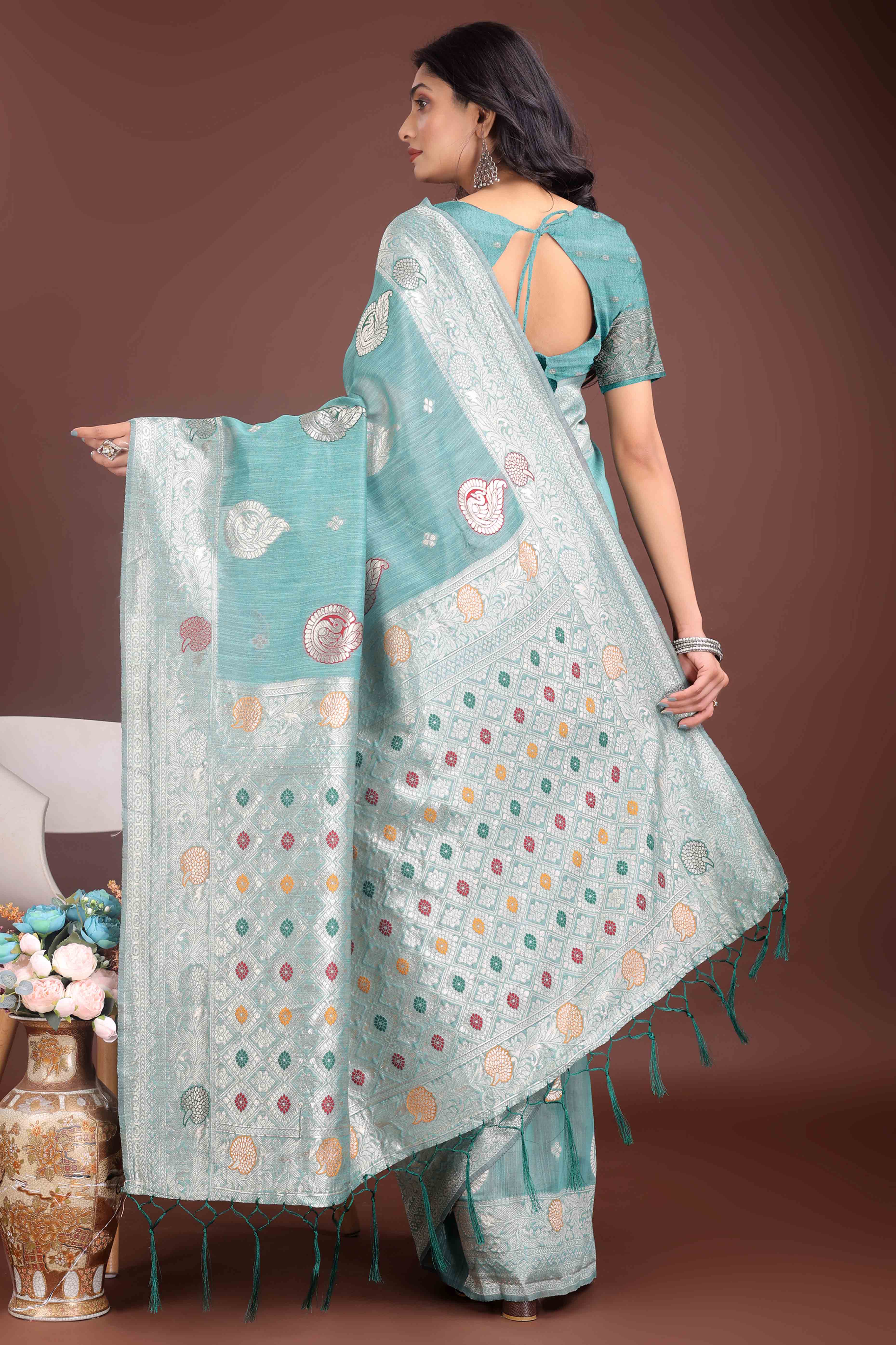 Blue Lichi Cotton Blend Saree With Zari Floral Weaving & Tassel Detailing