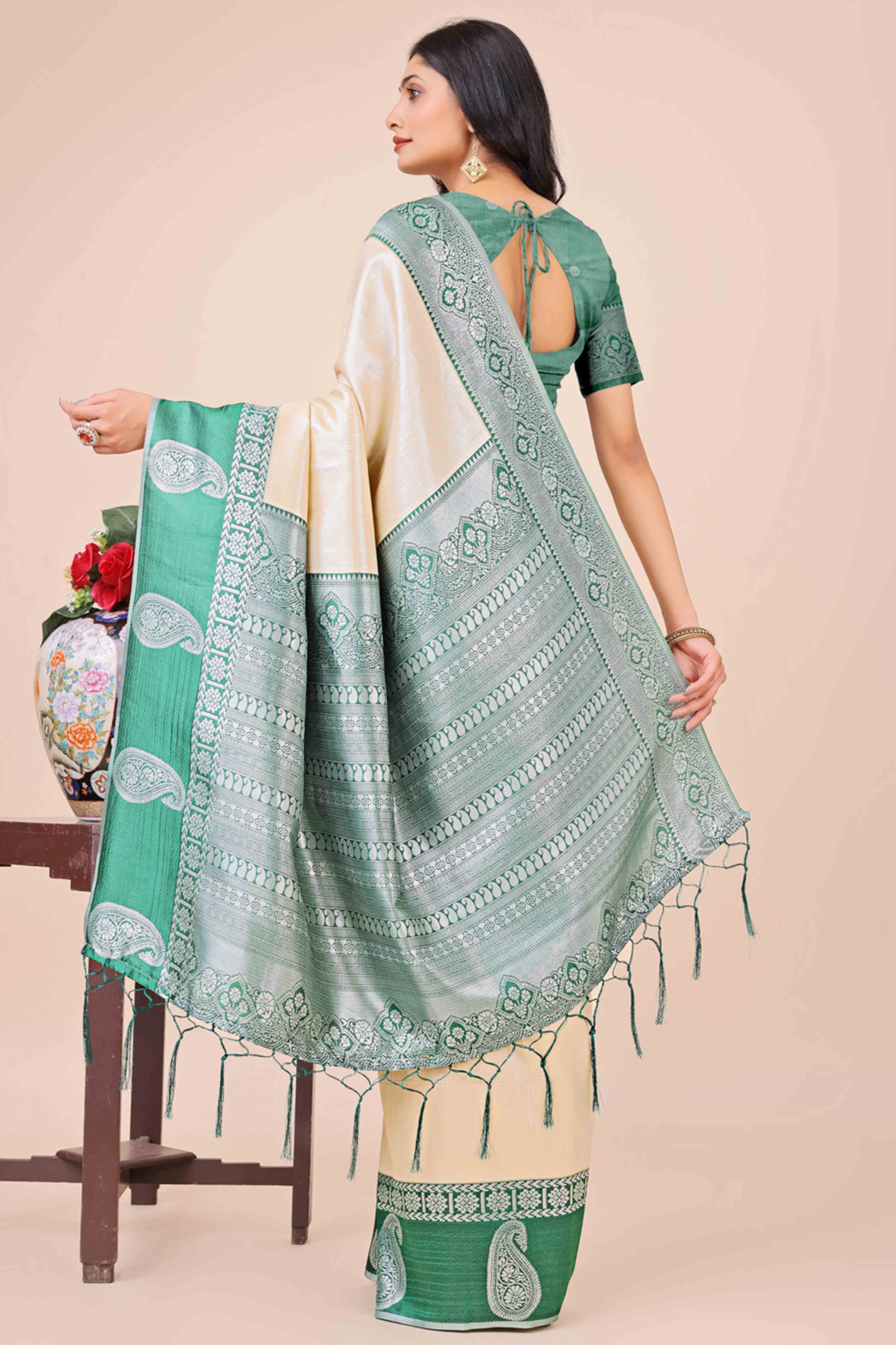 Cream Lichi Silk Blend Saree With Intricate Paisley Zari Weave & Graceful Tassels