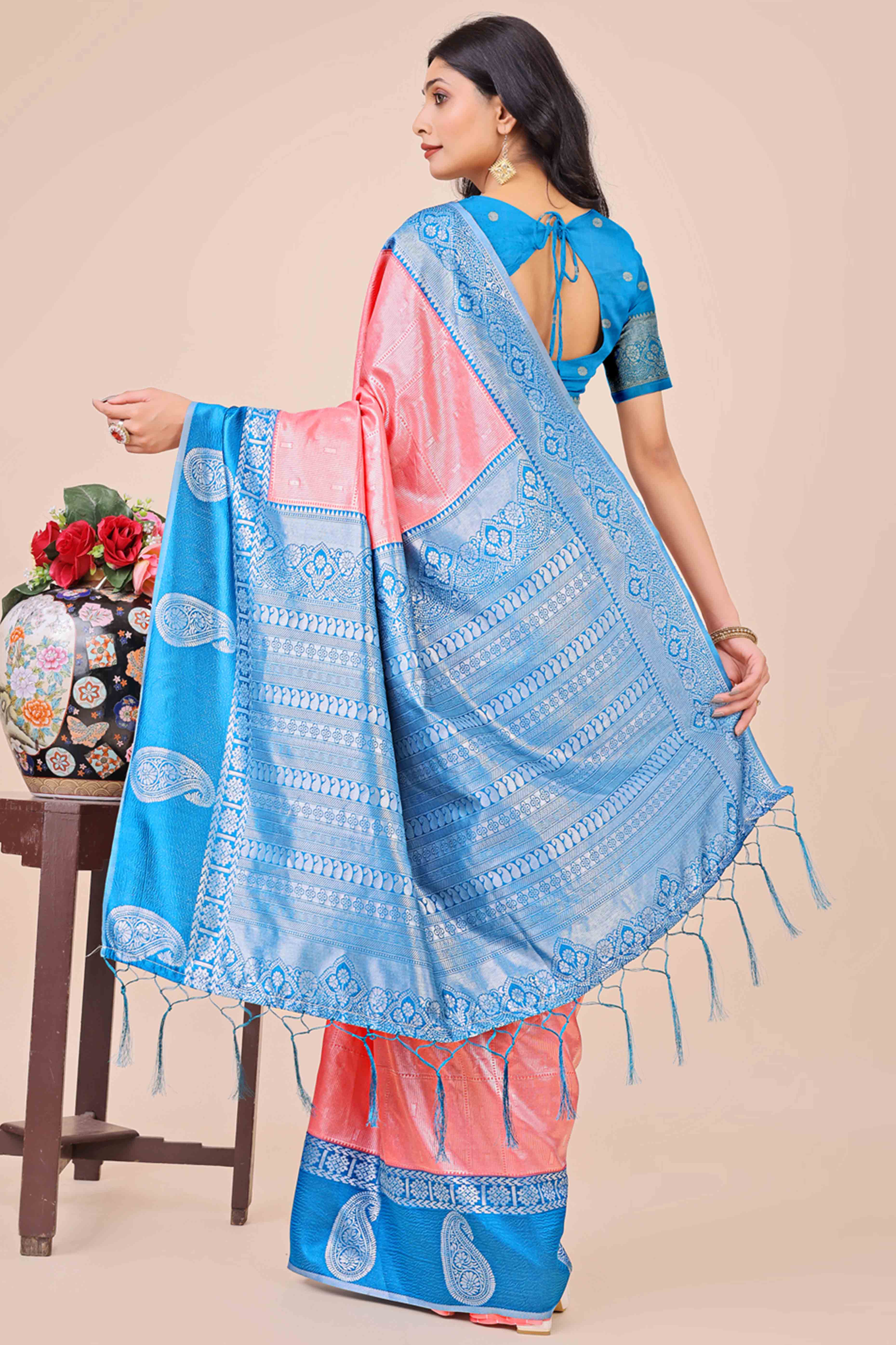 11Peach Lichi Silk Blend Saree With Intricate Paisley Zari Weave & Graceful Tassels