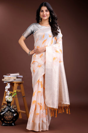 White and Orange Cotton Silk Saree with Leaf Motifs and Zari Border Tassel Style