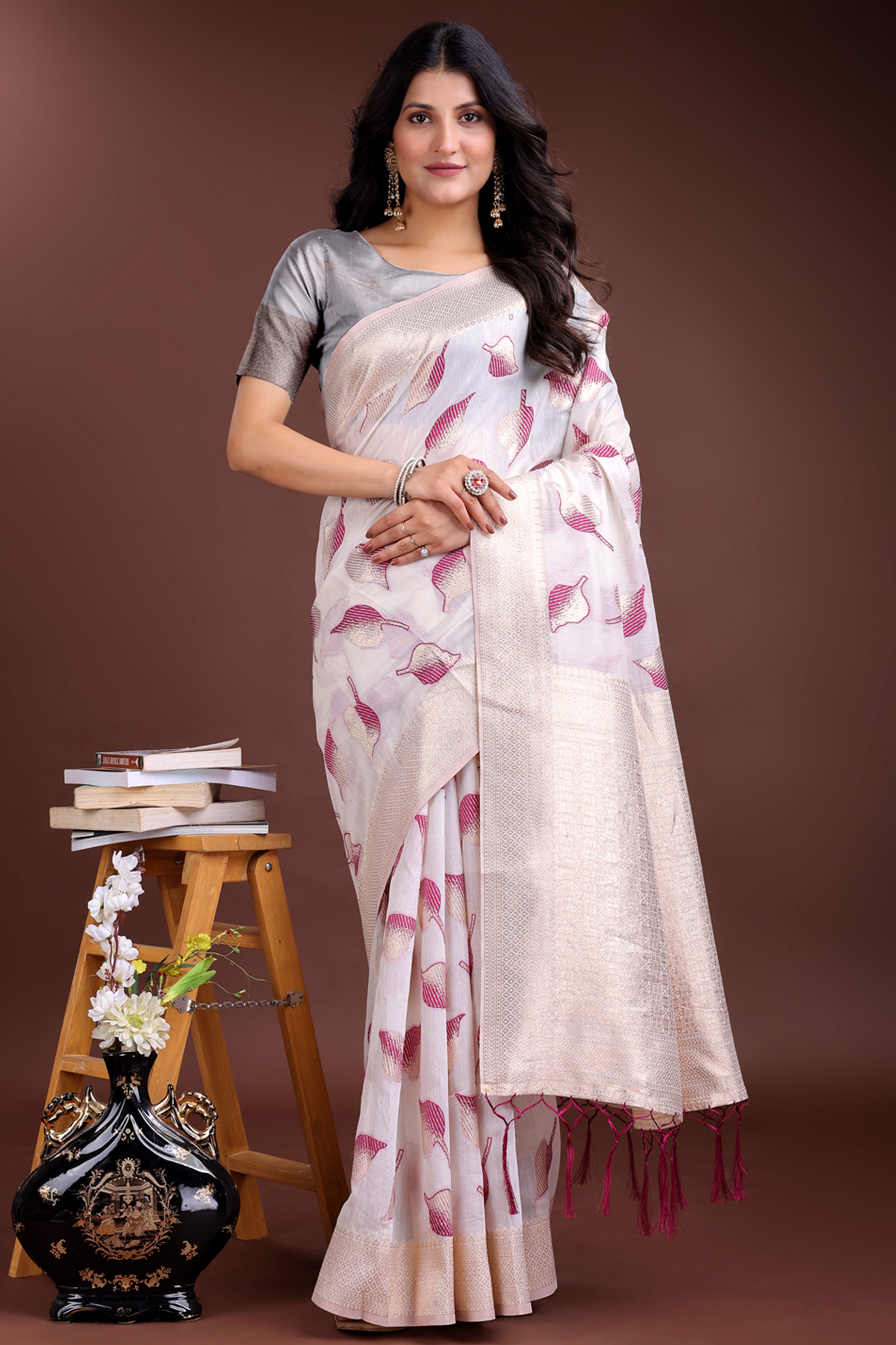 White and Purple Cotton Silk Saree with Leaf Motifs and Zari Border Tassel Finish