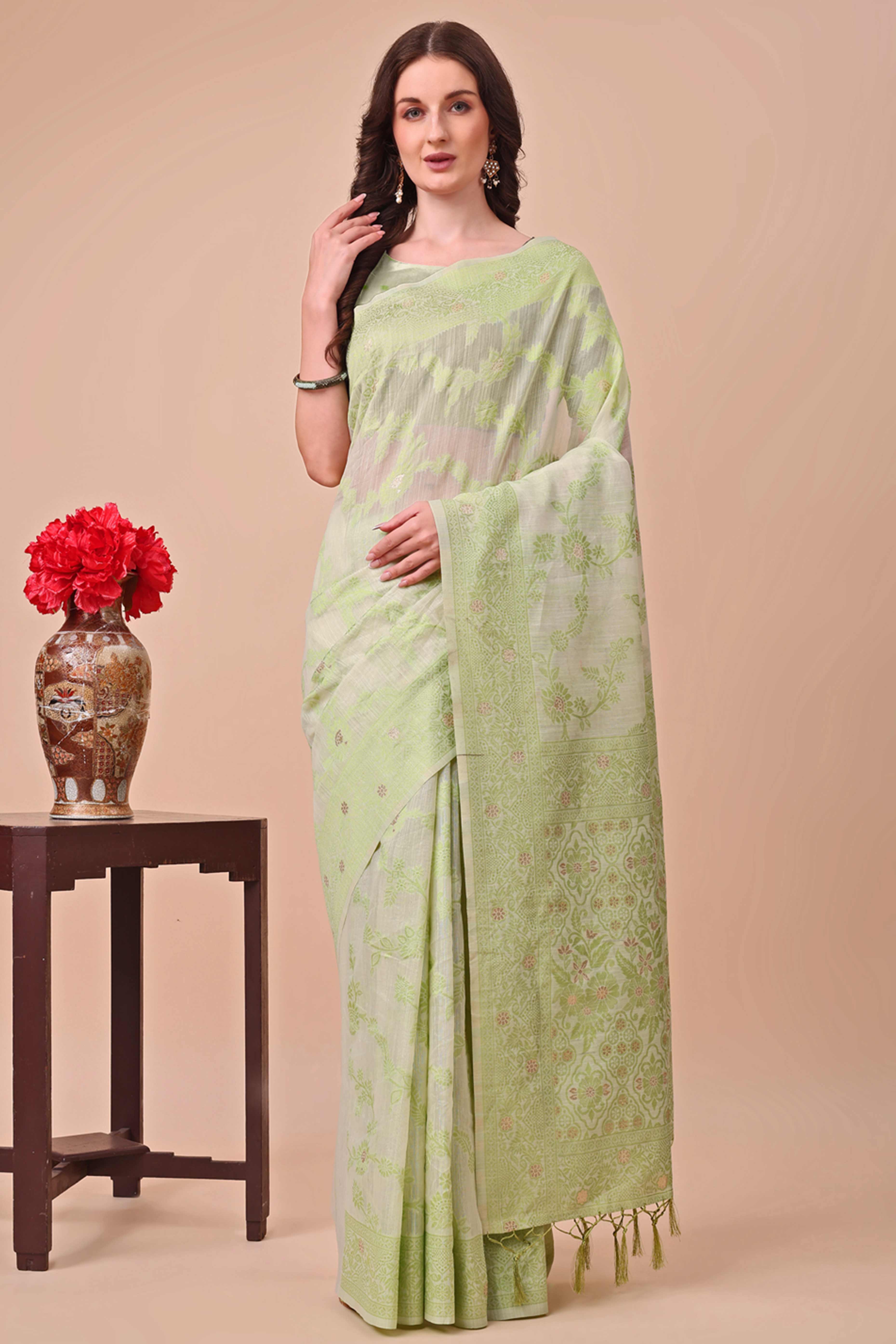 Light Green Floral Zari Woven Cotton Blend Saree With Delicate Tassel Detailing