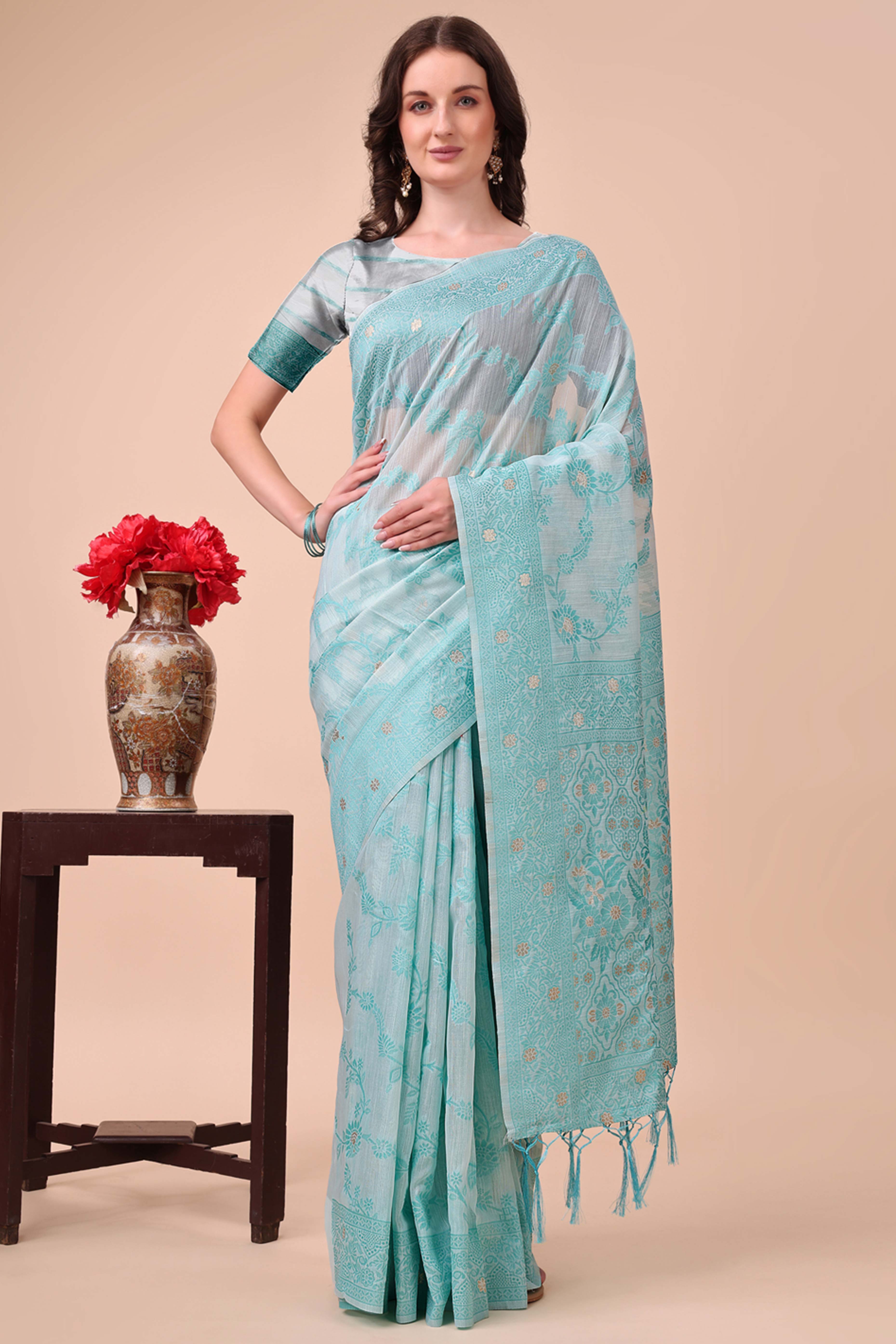 Blue Floral Zari Woven Cotton Blend Saree With Delicate Tassel Detailing